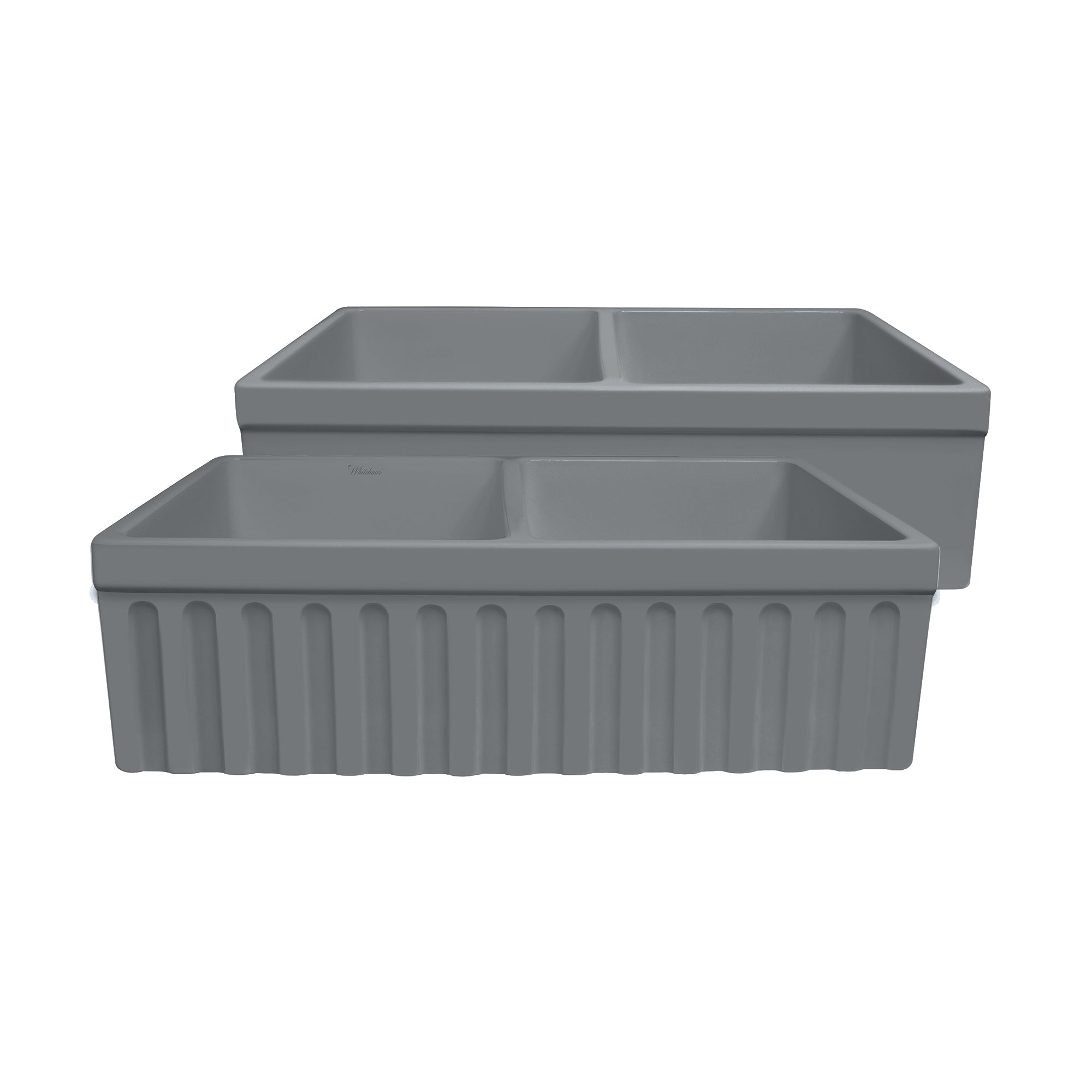 33" reversible double bowl fireclay kitchen sink: 2½” lip and fluted, 2” lip front apron