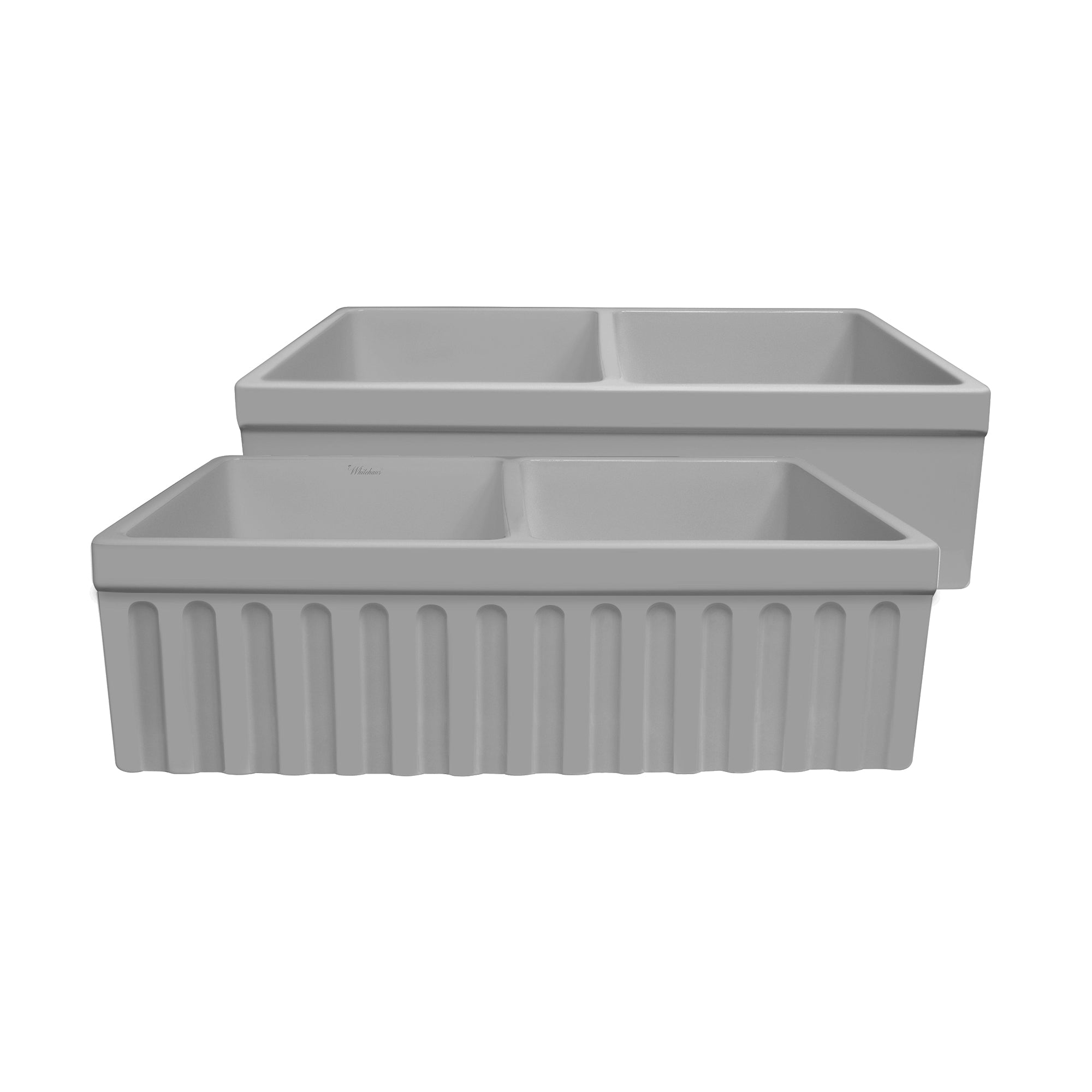 33" reversible double bowl fireclay kitchen sink: 2½” lip and fluted, 2” lip front apron