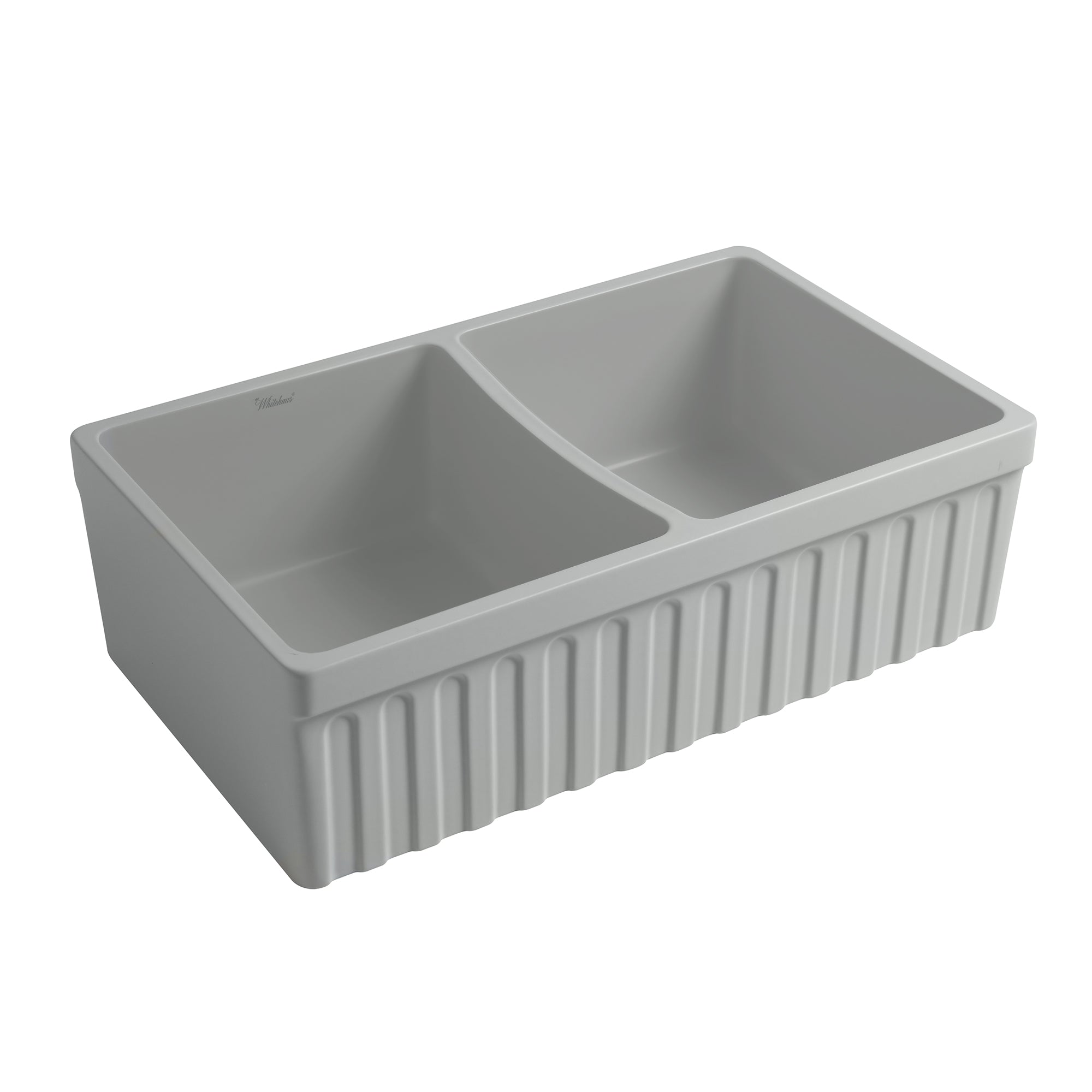 33" reversible double bowl fireclay kitchen sink: 2½” lip and fluted, 2” lip front apron