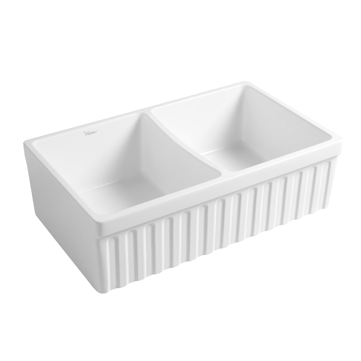 33&quot; reversible double bowl fireclay kitchen sink: 2½” lip and fluted, 2” lip front apron