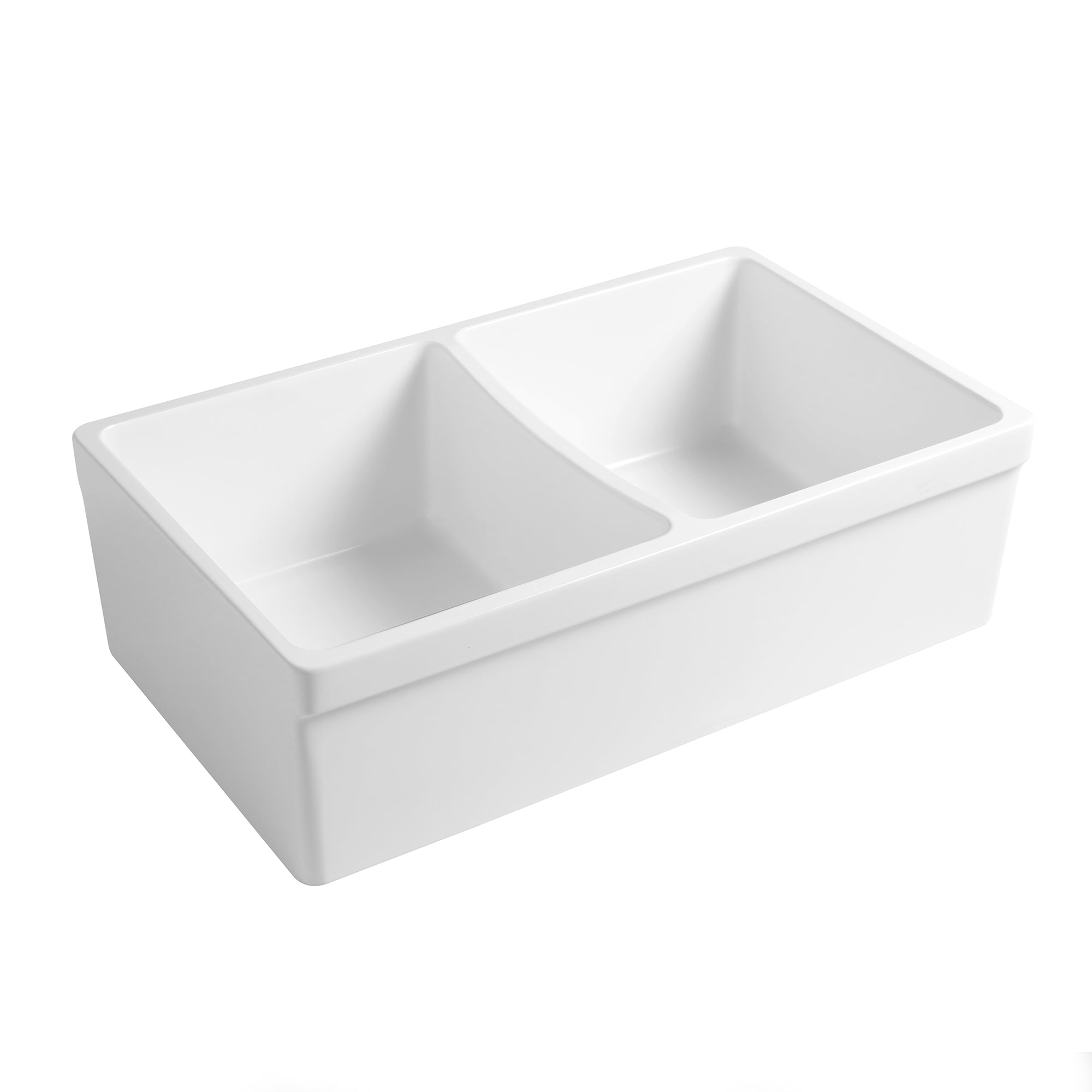 33" reversible double bowl fireclay kitchen sink: 2½” lip and fluted, 2” lip front apron
