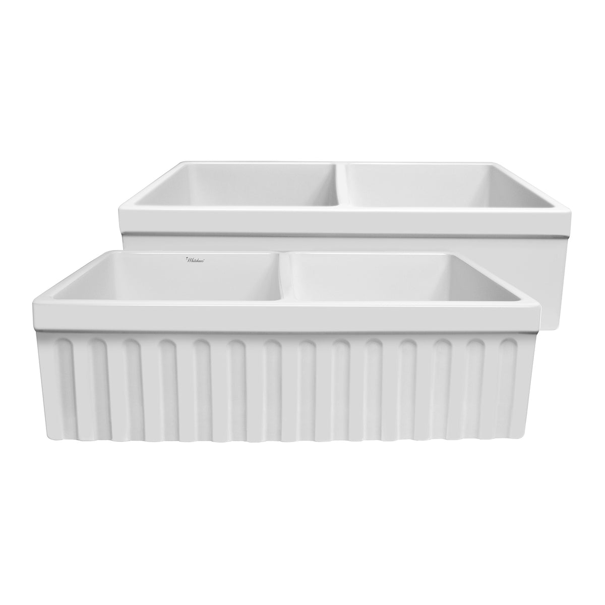 33" reversible double bowl fireclay kitchen sink: 2½” lip and fluted, 2” lip front apron