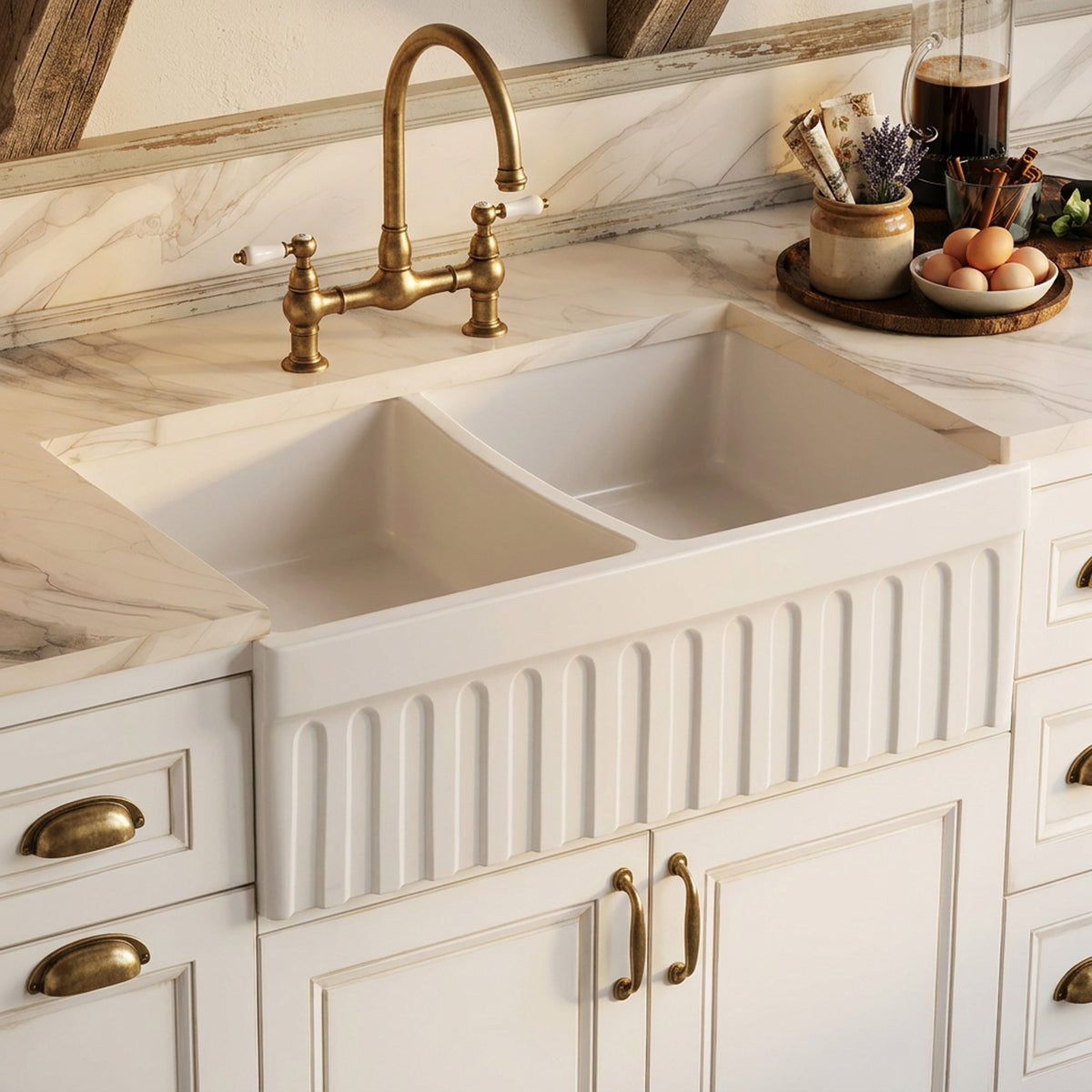 33" reversible double bowl fireclay kitchen sink: 2½” lip and fluted, 2” lip front apron