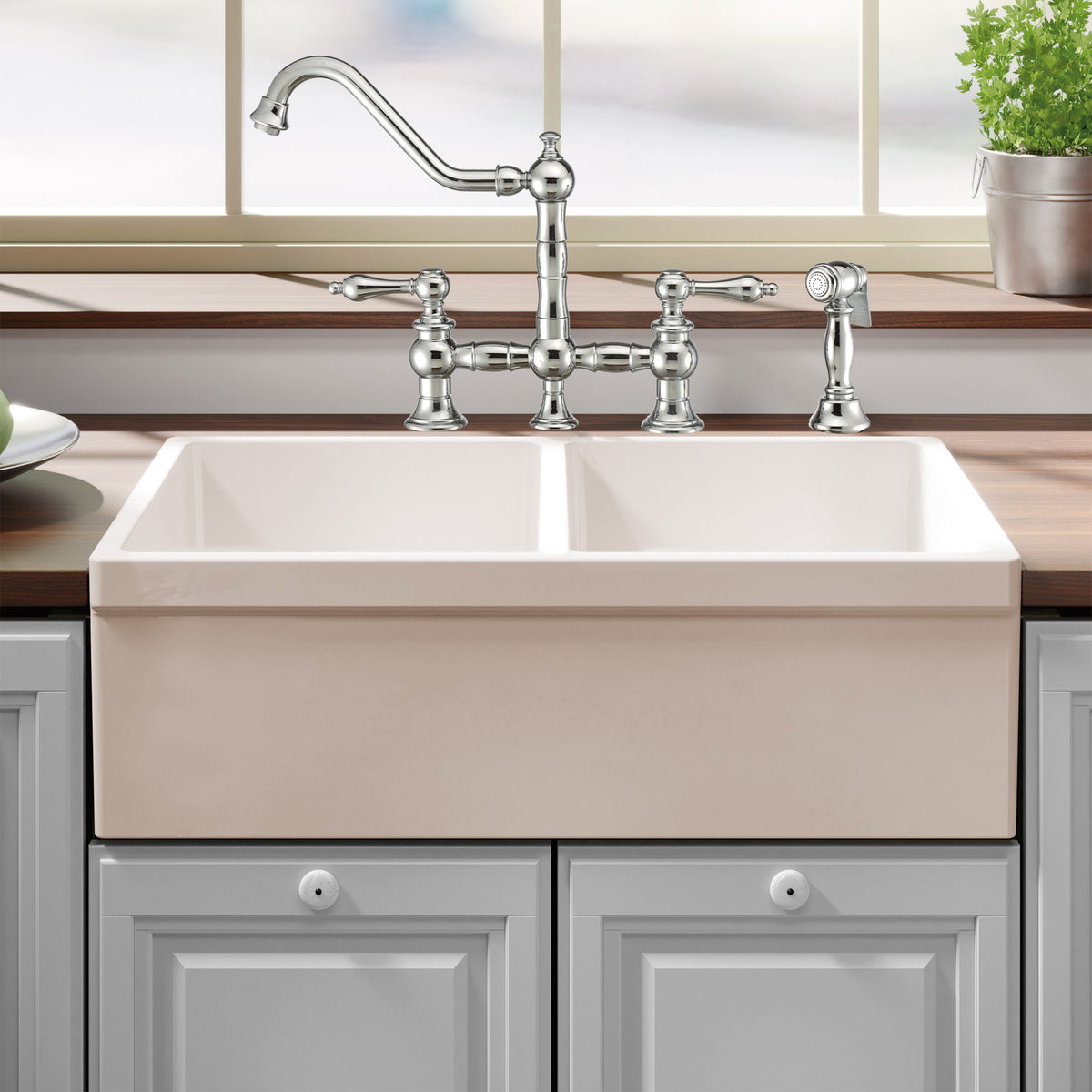 33&quot; reversible double bowl fireclay kitchen sink: 2½” lip, 2” lip front apron