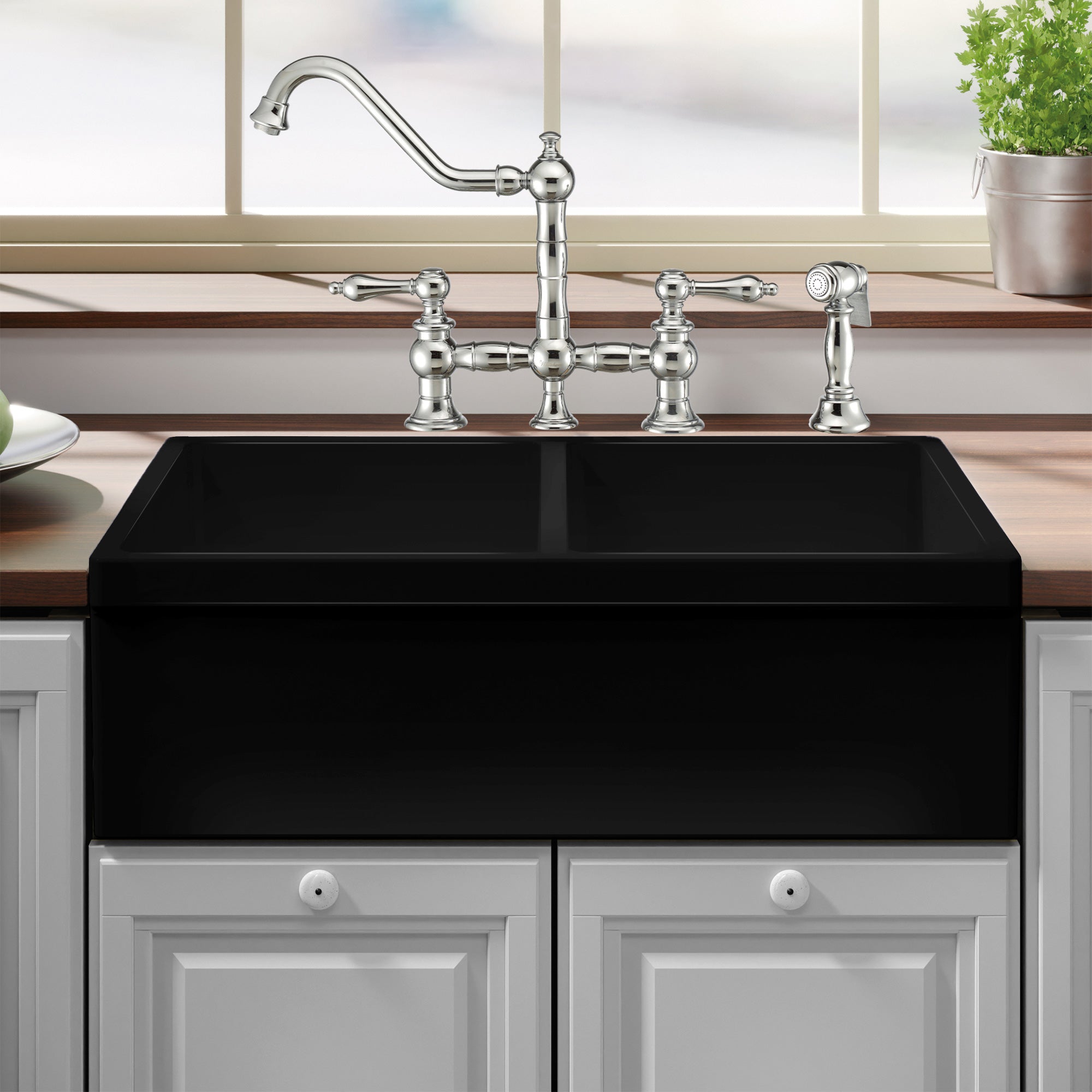 33" reversible double bowl fireclay kitchen sink: 2½” lip, 2” lip front apron