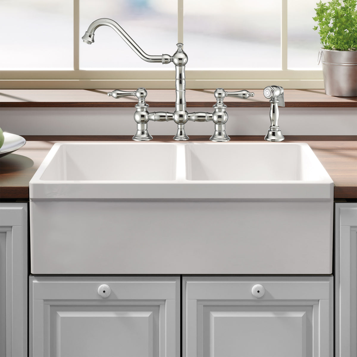 33&quot; reversible double bowl fireclay kitchen sink: 2½” lip, 2” lip front apron