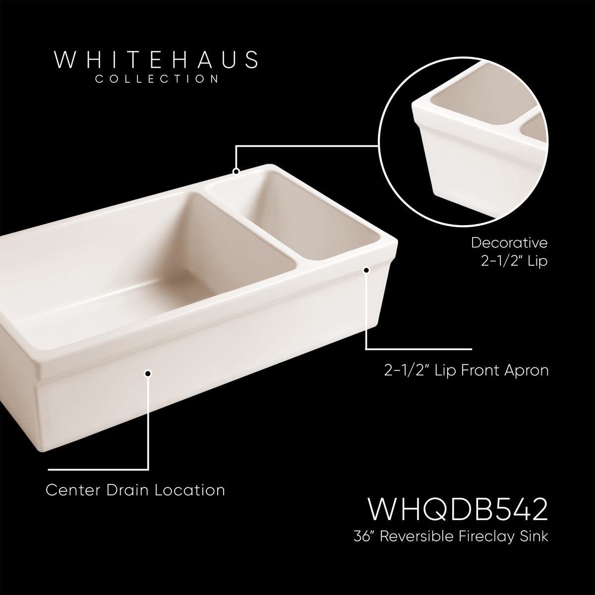 36&quot; Reversible Large and Small Bowl Fireclay Kitchen Sink: 2½” lip Front Apron