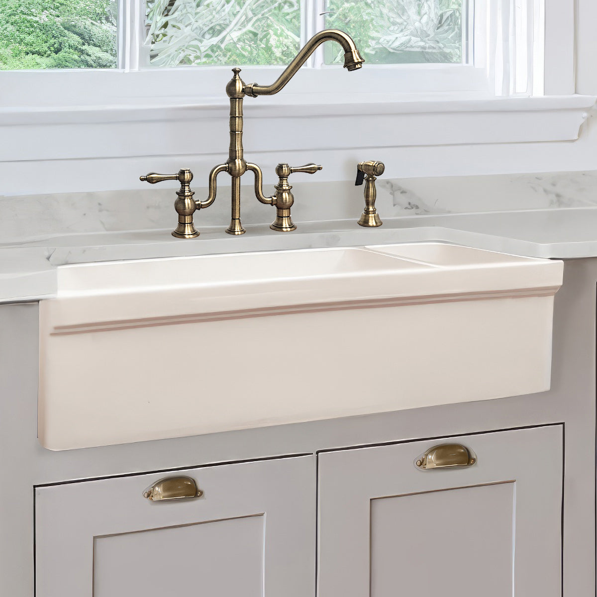 36&quot; Reversible Large and Small Bowl Fireclay Kitchen Sink: 2½” lip Front Apron