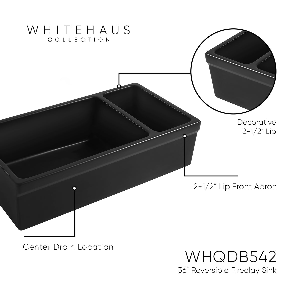 36&quot; Reversible Large and Small Bowl Fireclay Kitchen Sink: 2½” lip Front Apron