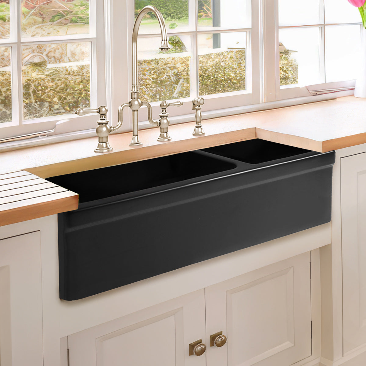 36&quot; Reversible Large and Small Bowl Fireclay Kitchen Sink: 2½” lip Front Apron