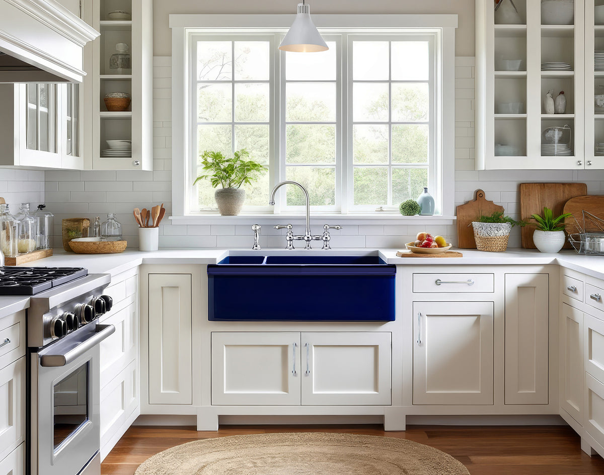 36&quot; Reversible Large and Small Bowl Fireclay Kitchen Sink: 2½” lip Front Apron