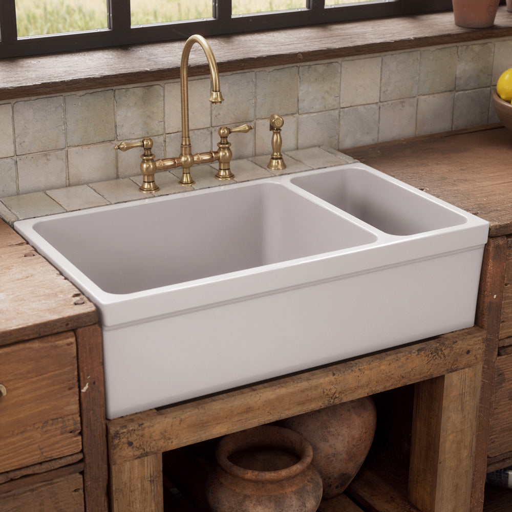 36" Reversible Large and Small Bowl Fireclay Kitchen Sink: 2½” lip Front Apron