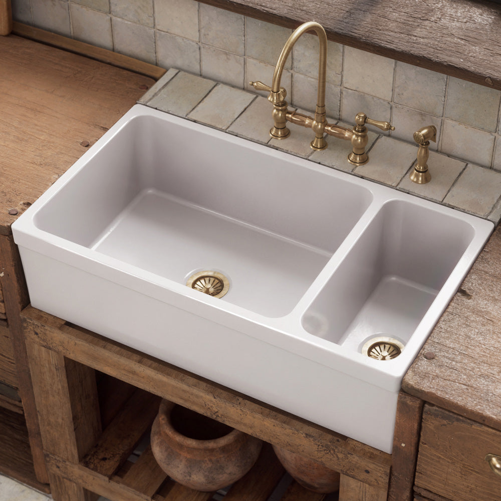36" Reversible Large and Small Bowl Fireclay Kitchen Sink: 2½” lip Front Apron