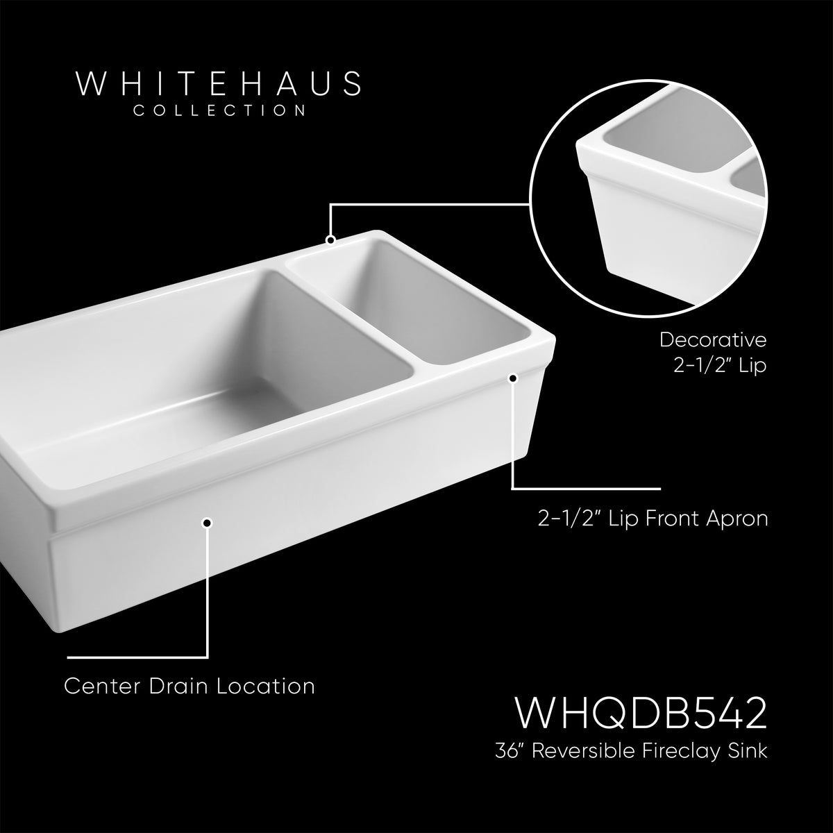 36&quot; Reversible Large and Small Bowl Fireclay Kitchen Sink: 2½” lip Front Apron
