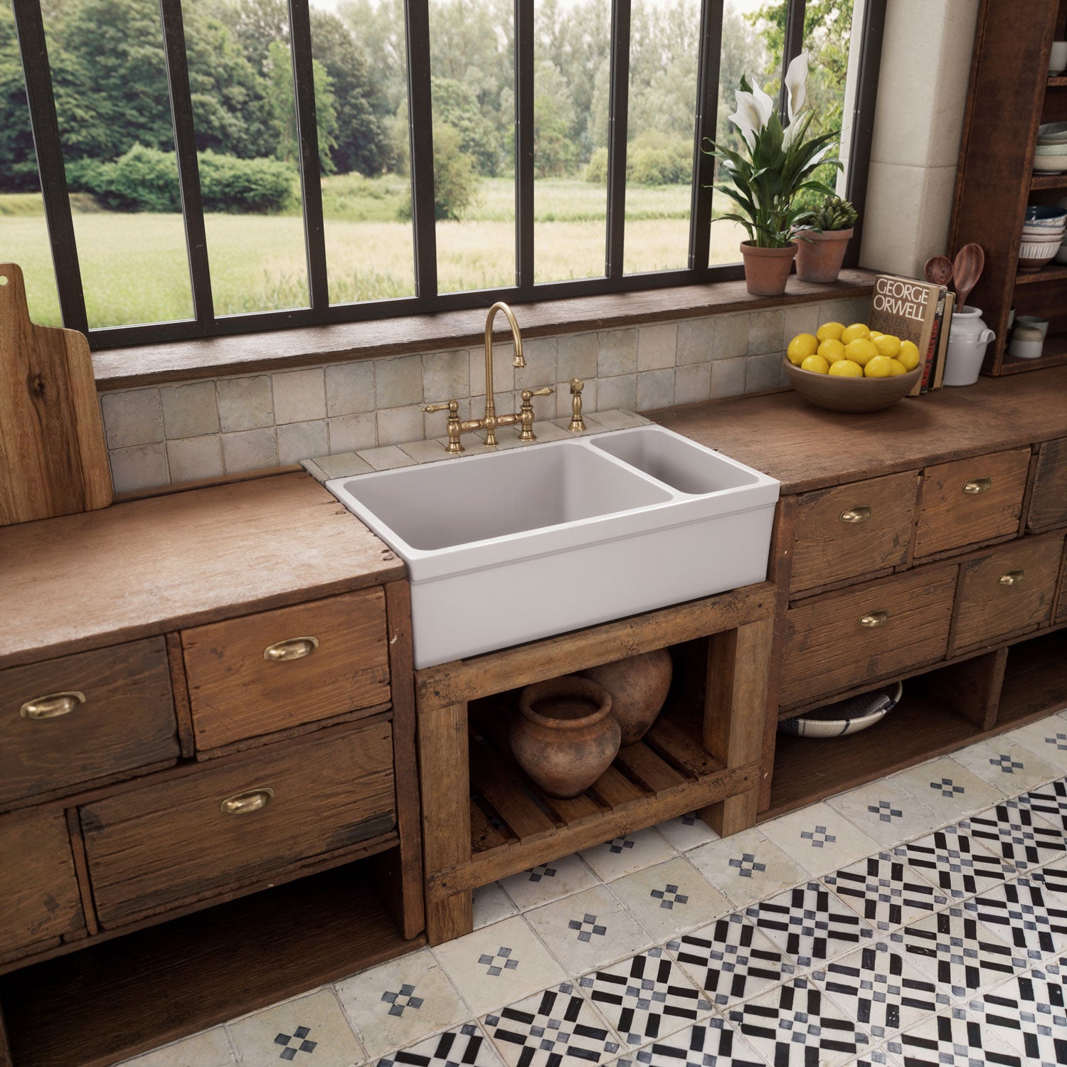 36" Reversible Large and Small Bowl Fireclay Kitchen Sink: 2½” lip Front Apron