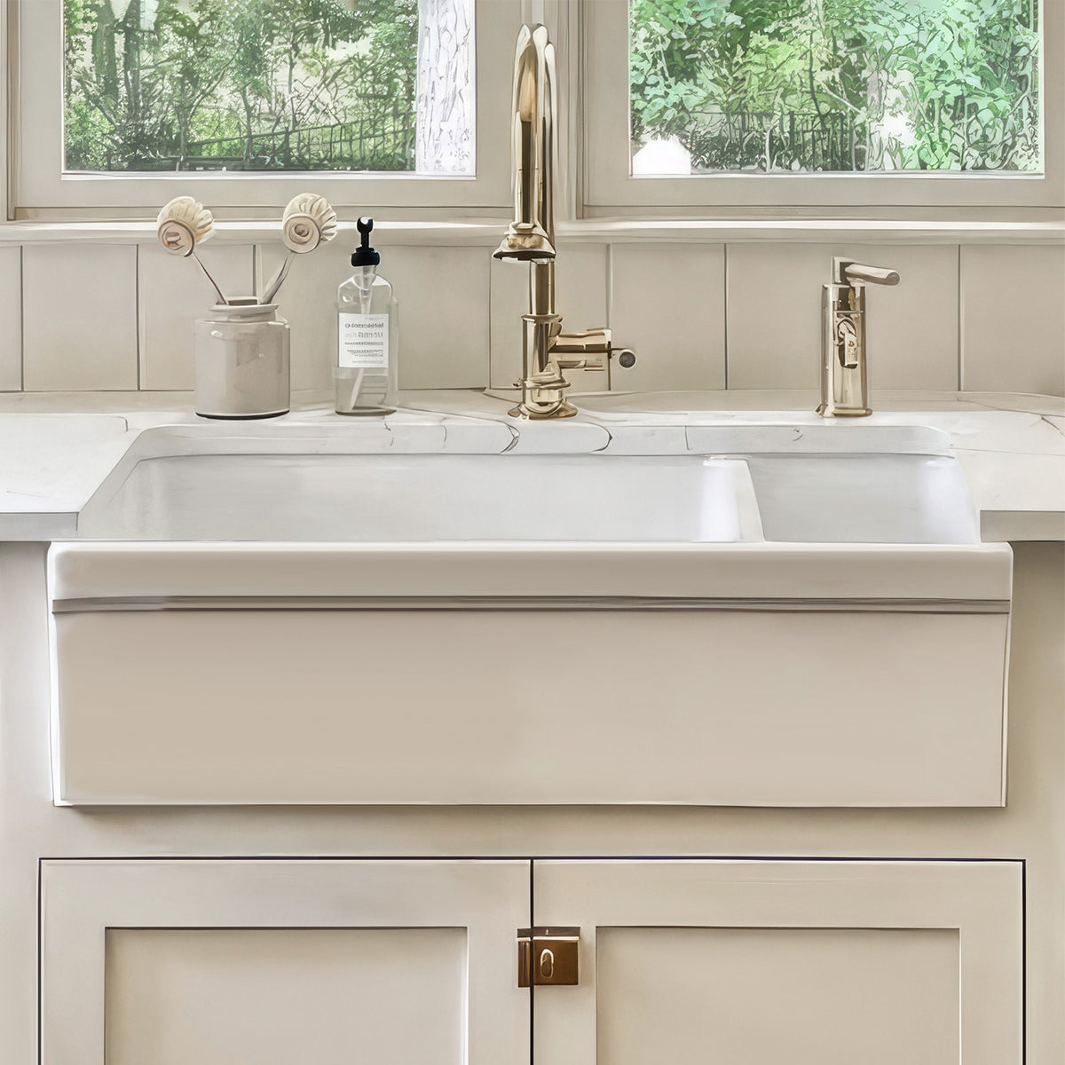 36&quot; Reversible Large and Small Bowl Fireclay Kitchen Sink: 2½” lip Front Apron