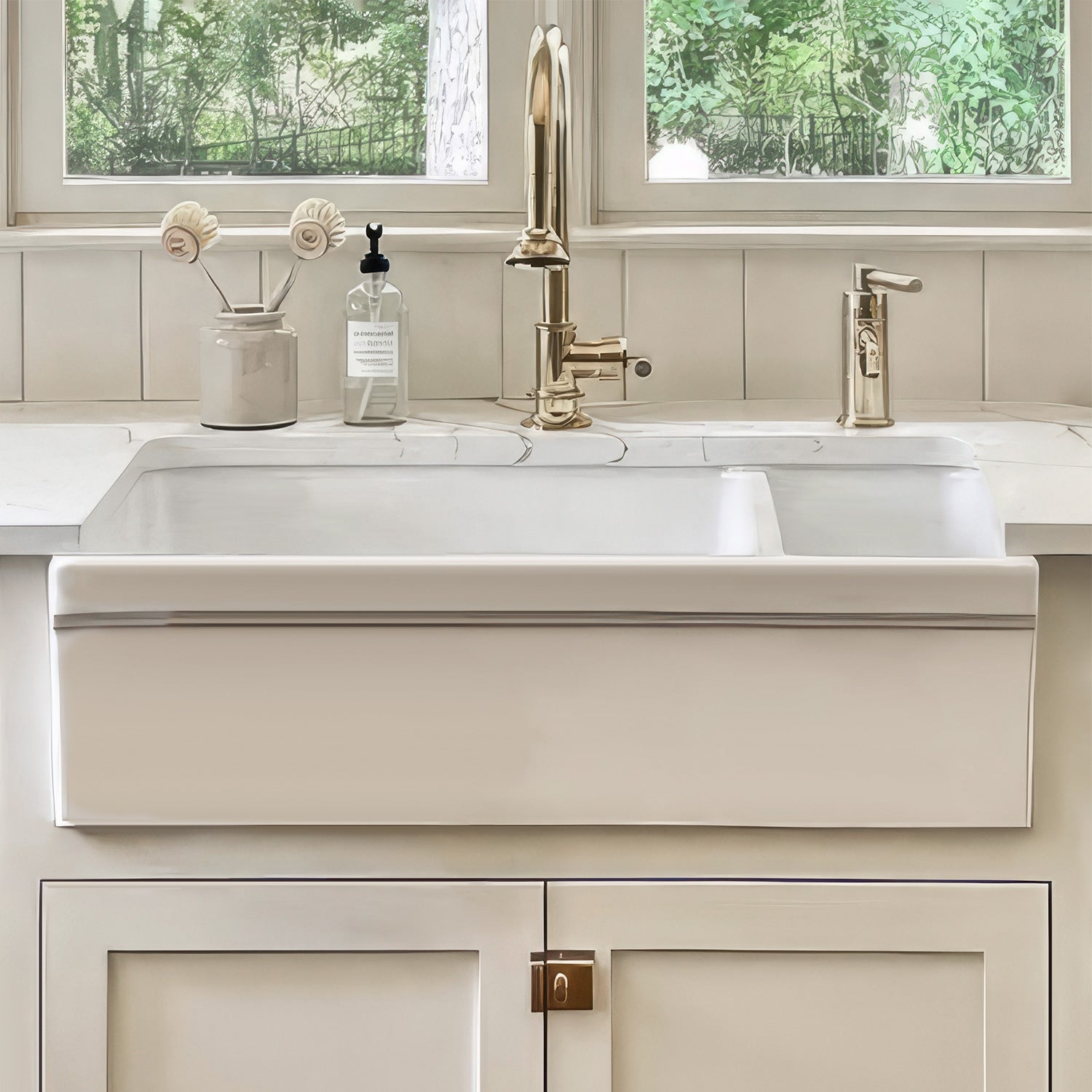 36" Reversible Large and Small Bowl Fireclay Kitchen Sink: 2½” lip Front Apron
