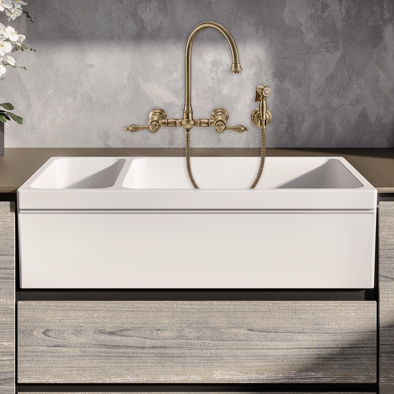 36" Reversible Large and Small Bowl Fireclay Kitchen Sink: 2½” lip Front Apron