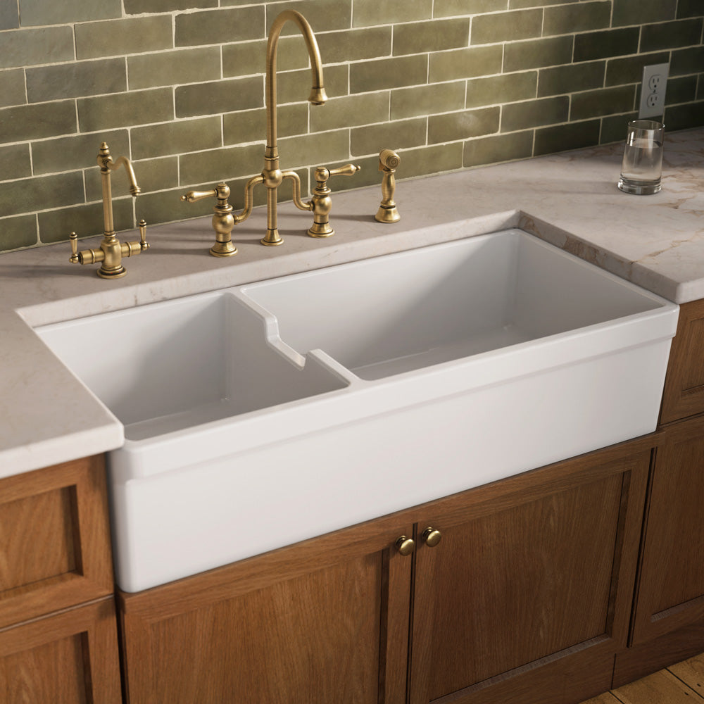 42" large reversible double bowl fireclay kitchen sink: beveled, 2½" Lip front apron