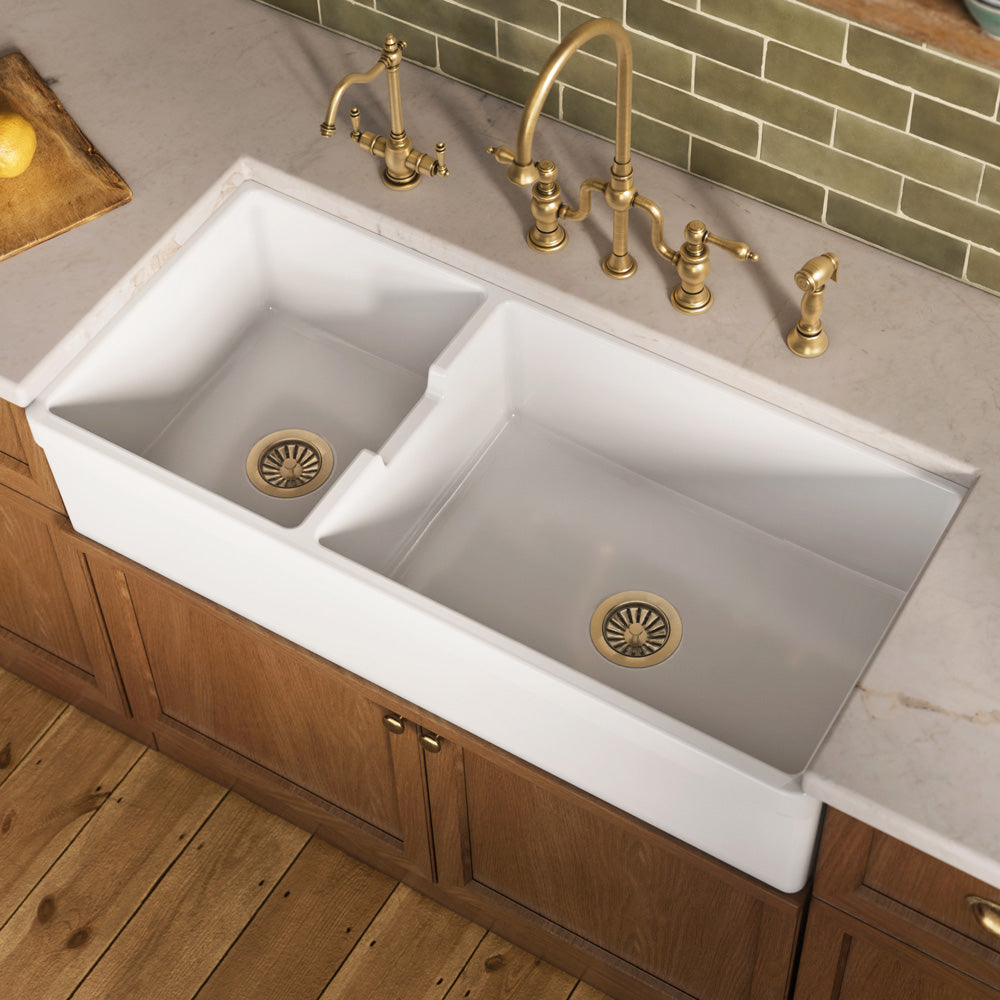 42" large reversible double bowl fireclay kitchen sink: beveled, 2½" Lip front apron