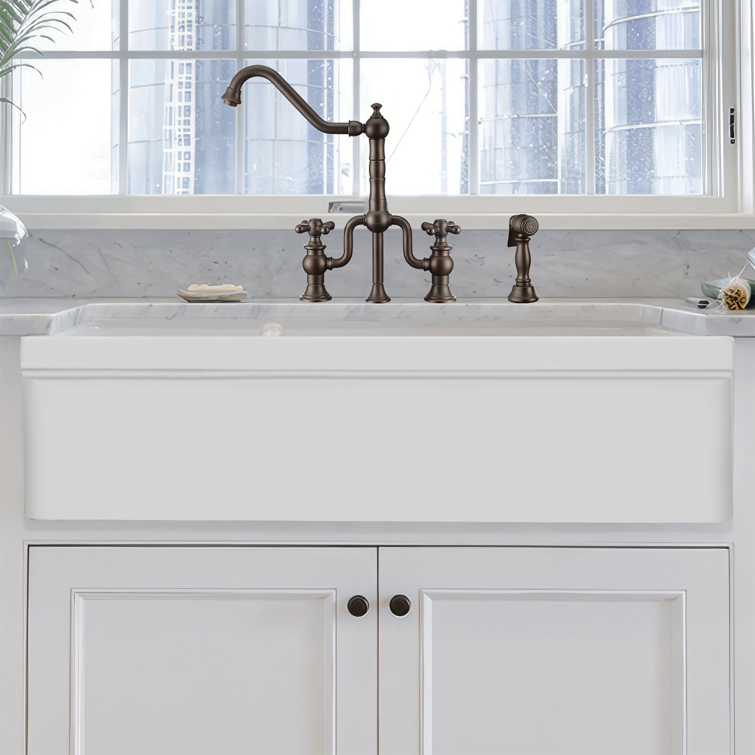 42" large reversible double bowl fireclay kitchen sink: beveled, 2½" Lip front apron