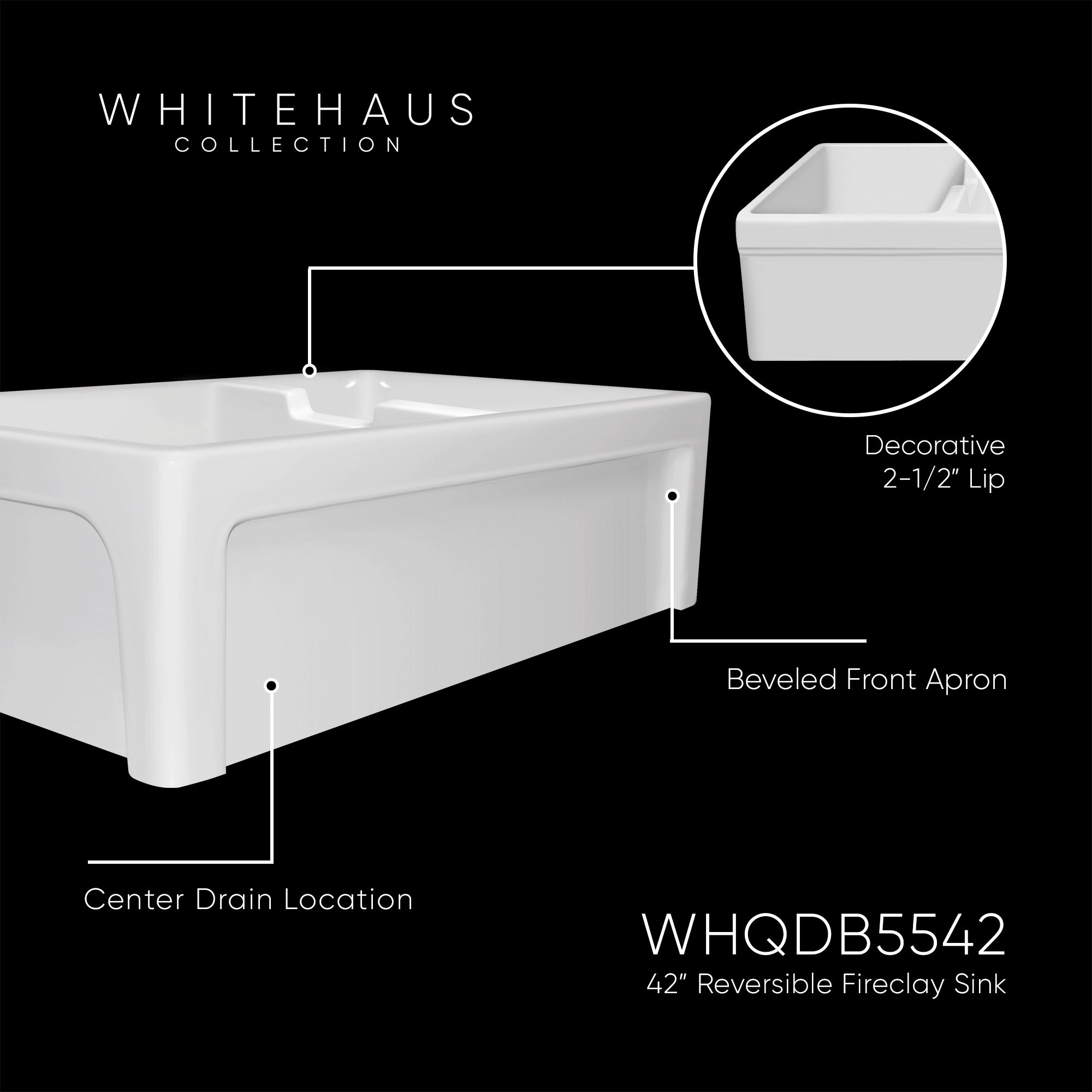 42" large reversible double bowl fireclay kitchen sink: beveled, 2½" Lip front apron
