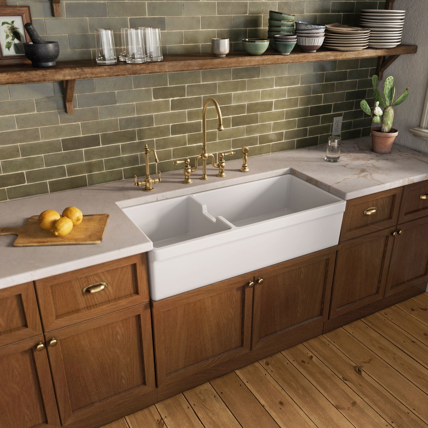 42" large reversible double bowl fireclay kitchen sink: beveled, 2½" Lip front apron