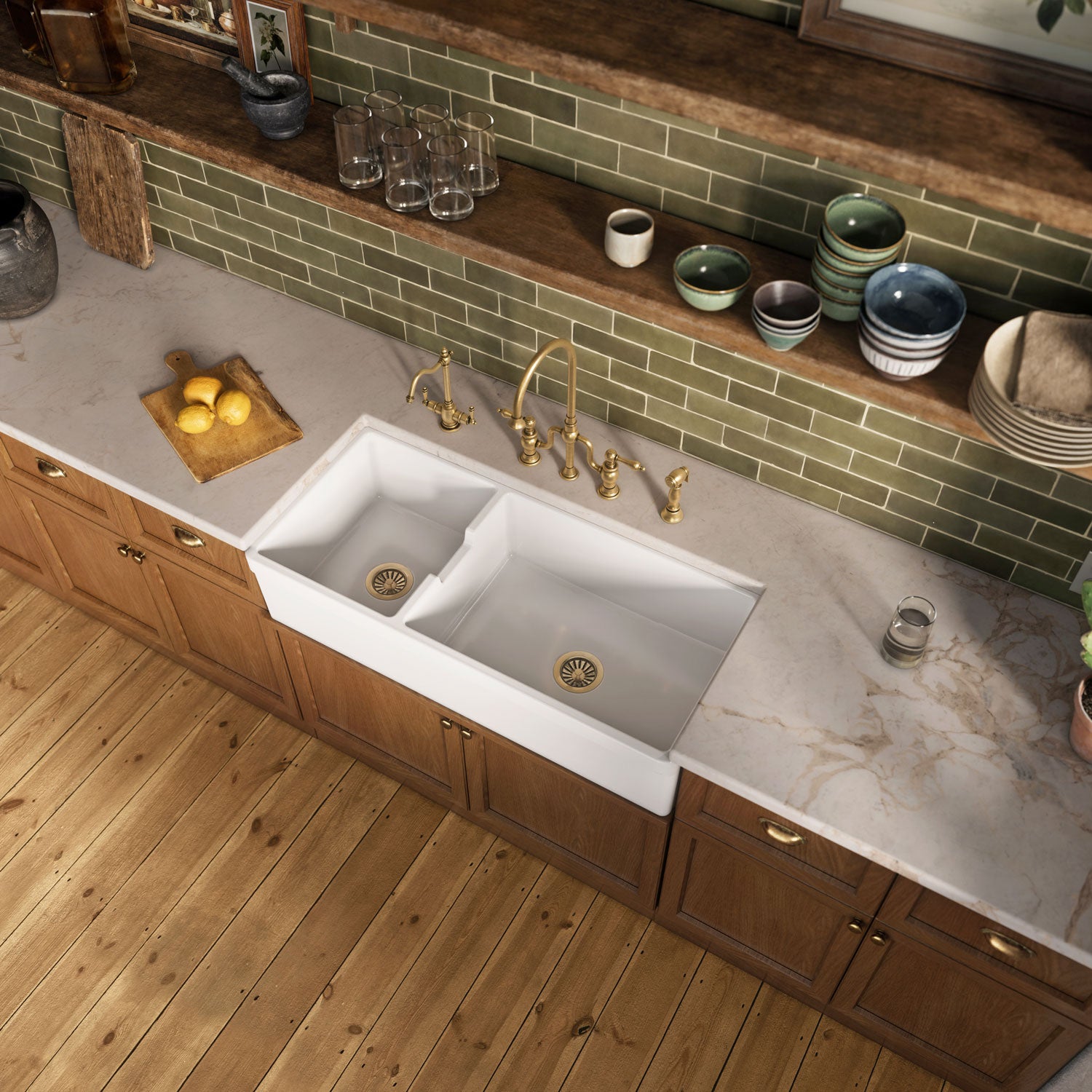 42" large reversible double bowl fireclay kitchen sink: beveled, 2½" Lip front apron