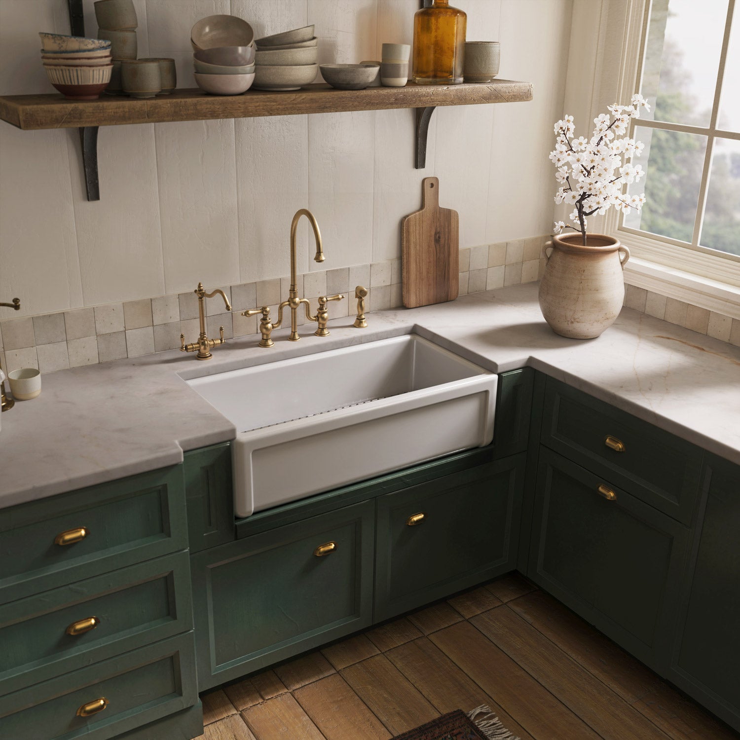 Reversible fireclay kitchen sinks with grid: three edge frame, plain front apron