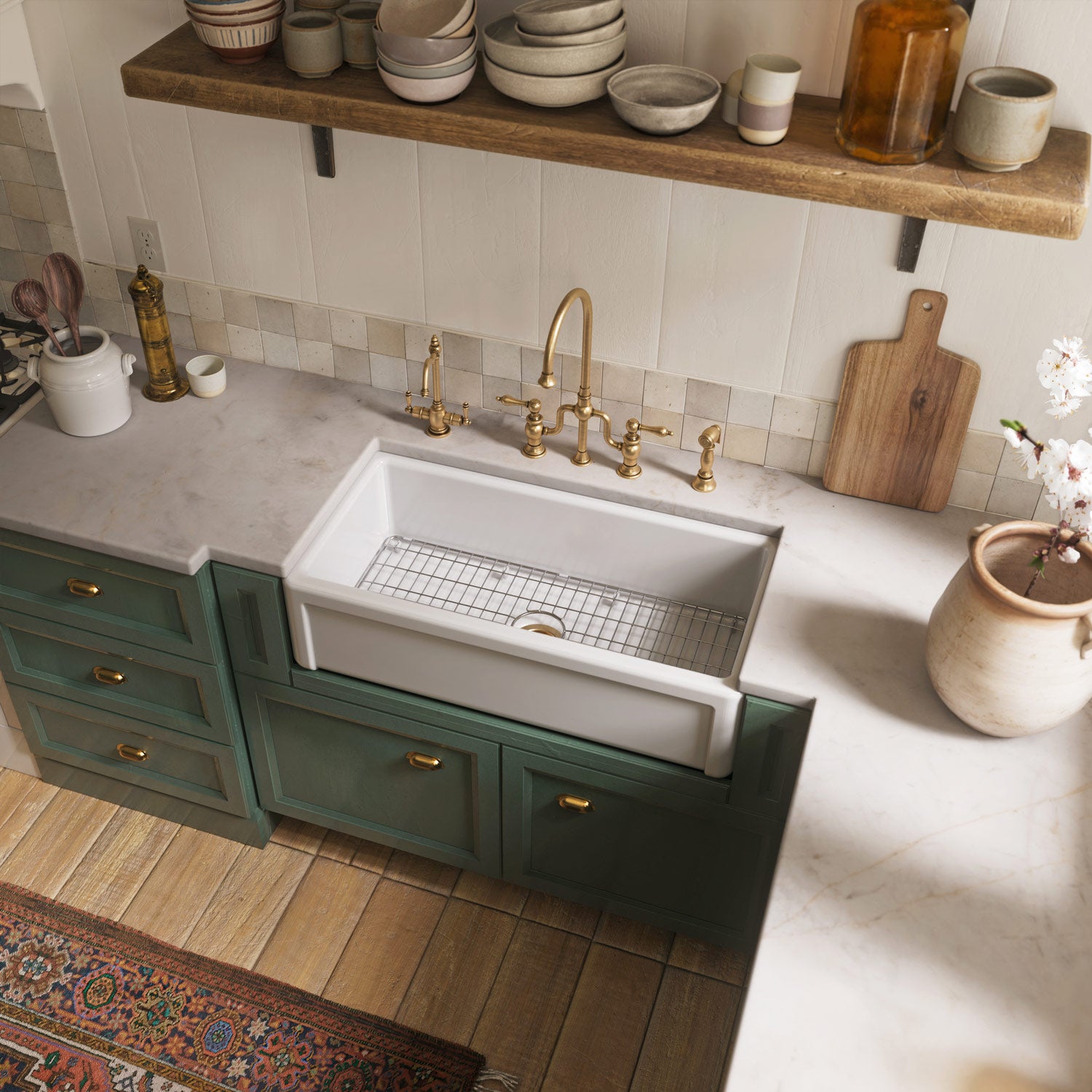 Reversible fireclay kitchen sinks with grid: three edge frame, plain front apron