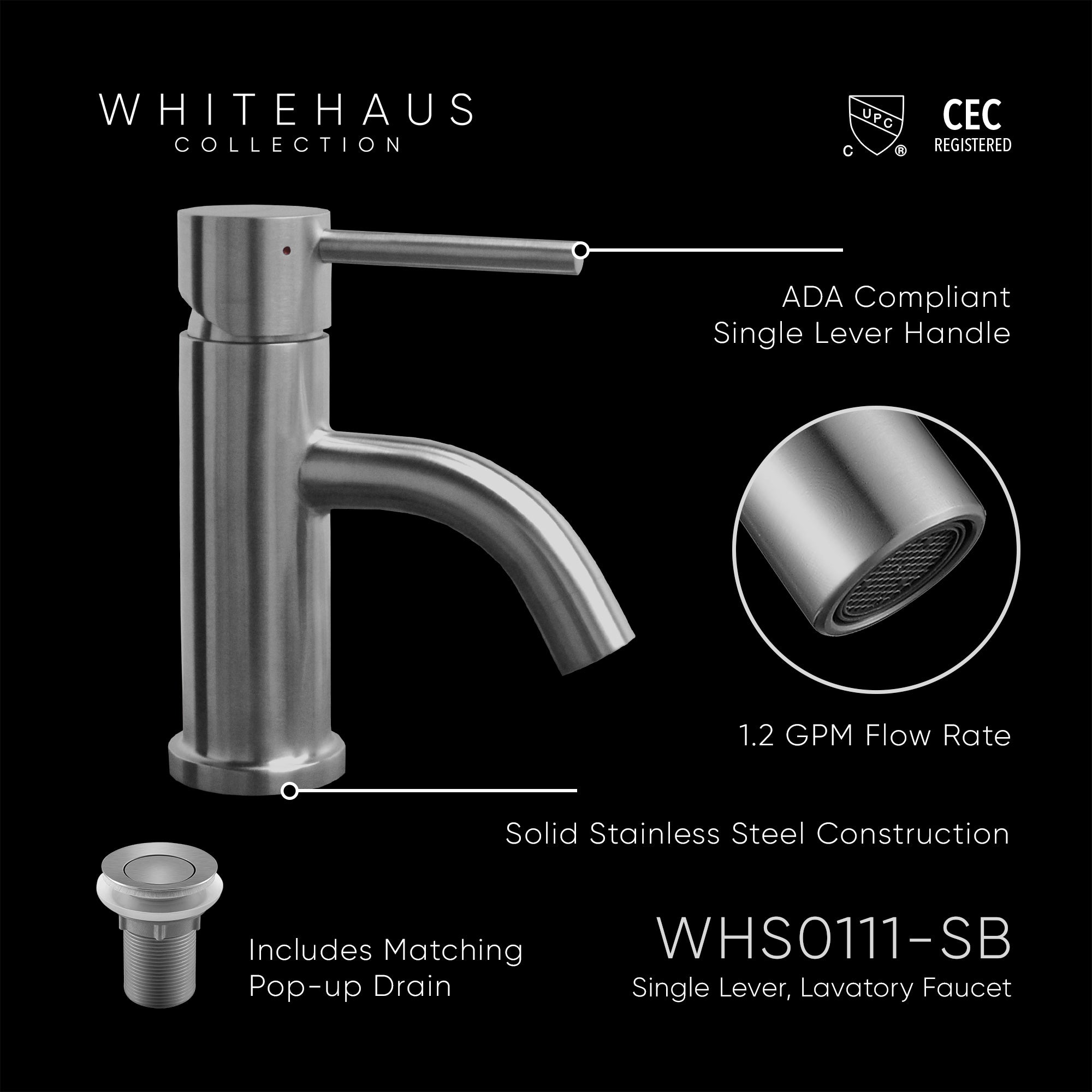 Solid Stainless Steel, Single Hole, Single Lever Lavatory Faucet with Matching Pop-up Waste