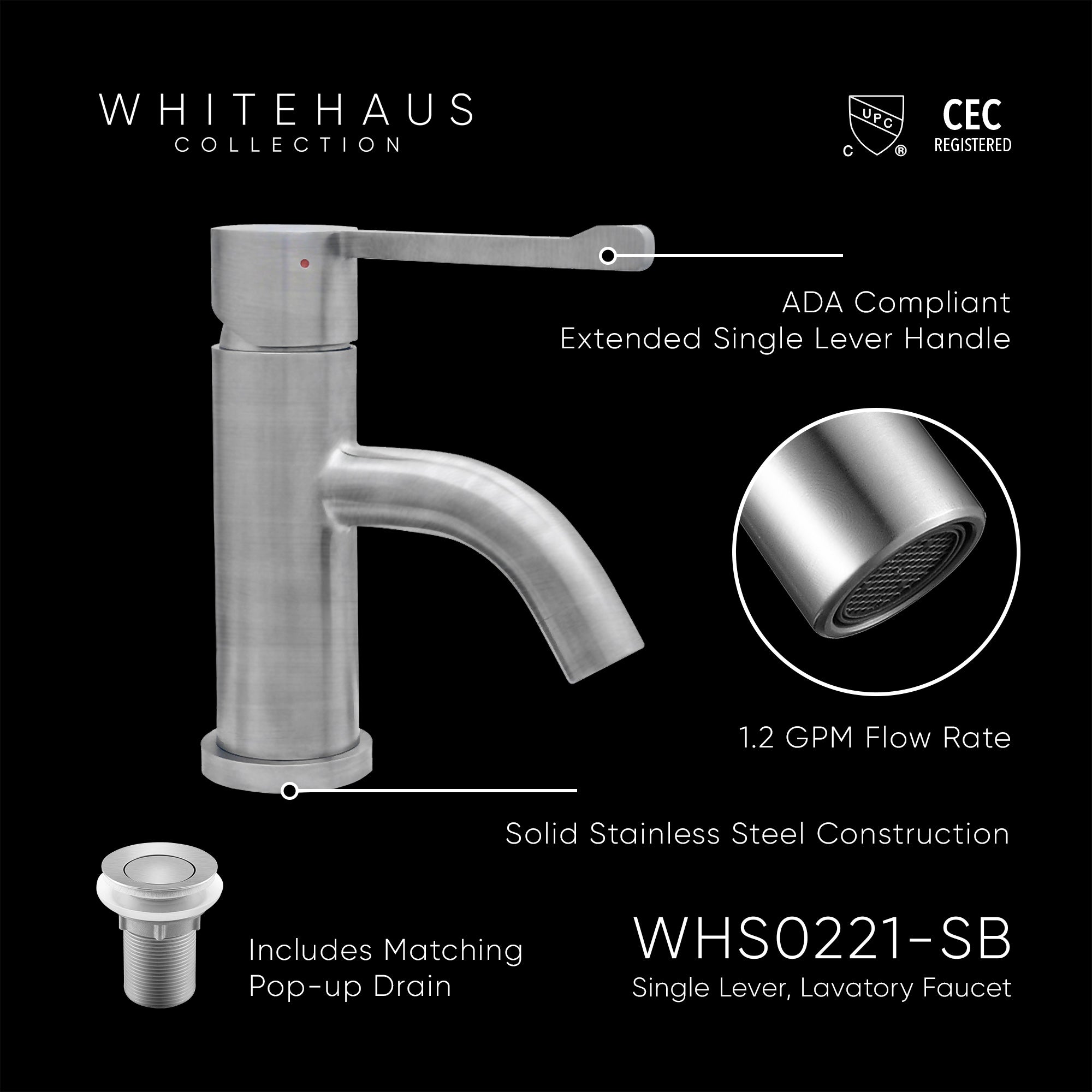 Solid Stainless Steel, single hole, extended single lever lavatory faucet