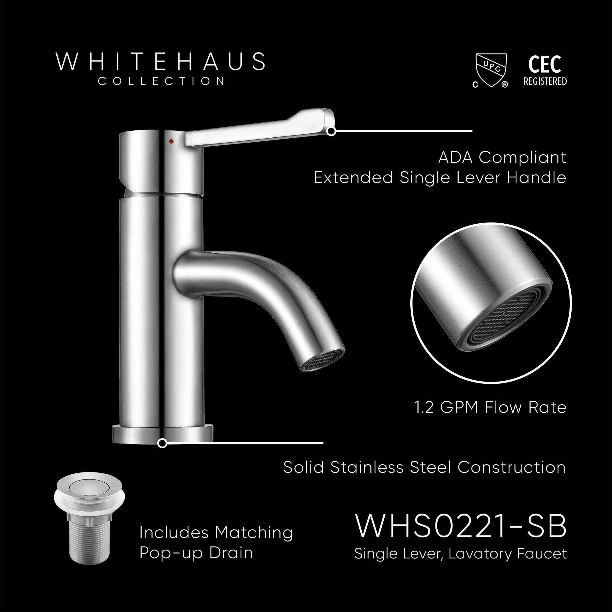 Solid Stainless Steel, single hole, extended single lever lavatory faucet