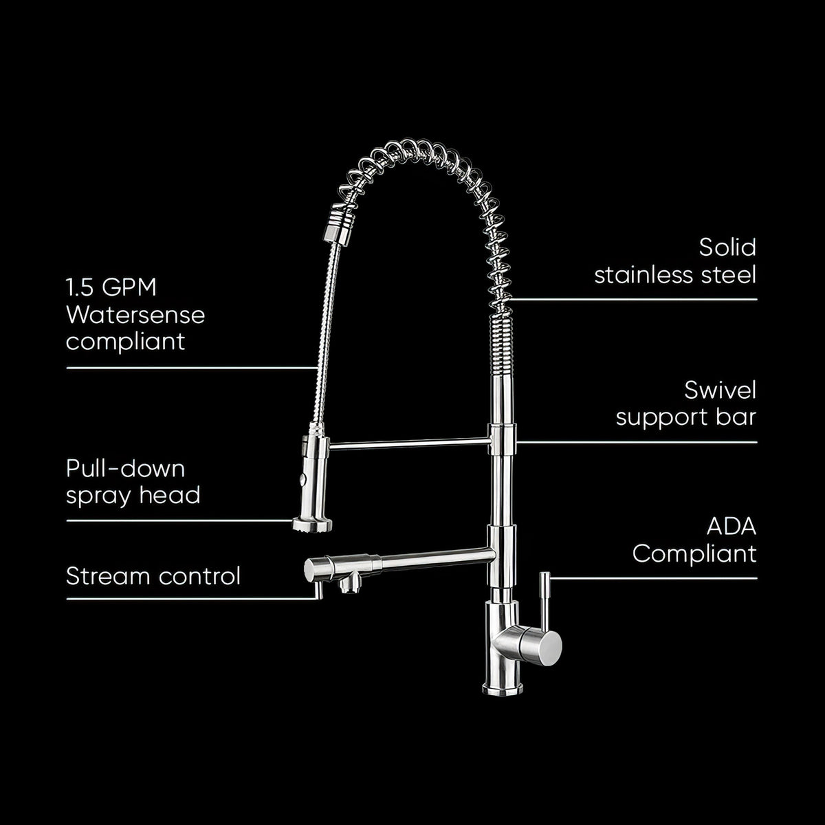 Lead Free, Solid Stainless Steel Commercial Faucet with Flexible Pull Down Spray Head, Swivel Support Bar &amp; Two Control Levers