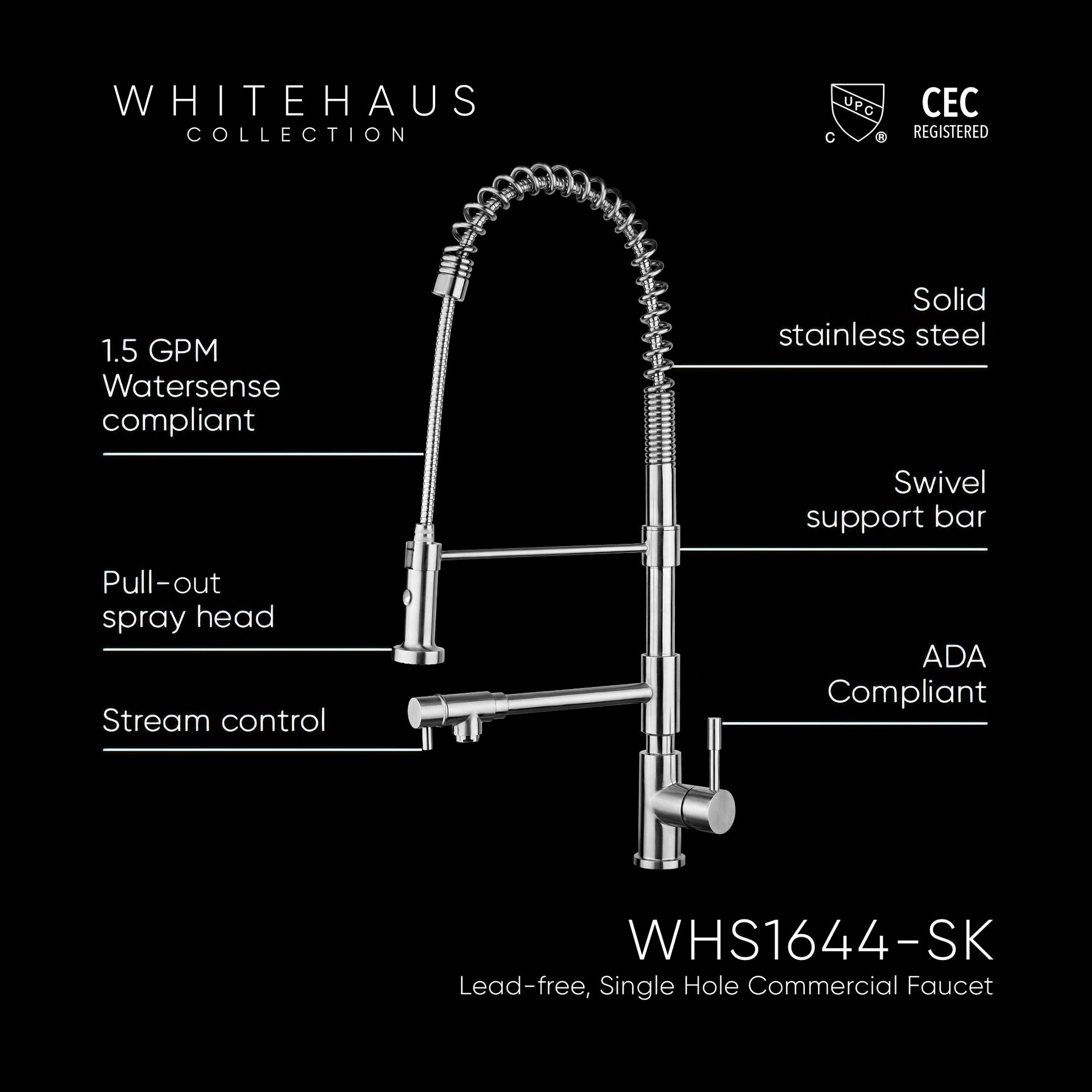 Lead Free, Solid Stainless Steel Commercial Faucet with Flexible Pull Out Spray Head, Swivel Support Bar & Two Control Levers