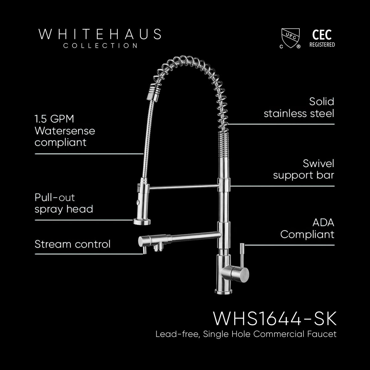 Lead Free, Solid Stainless Steel Commercial Faucet with Flexible Pull Out Spray Head, Swivel Support Bar &amp; Two Control Levers