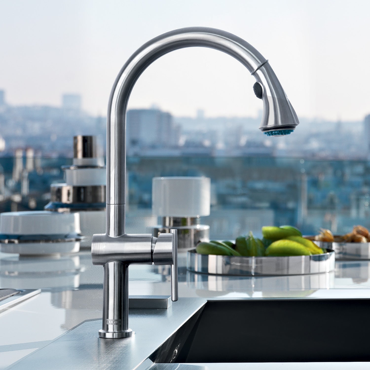 Lead Free, Solid Stainless Steel Single-Hole Faucet with Gooseneck Swivel Spout and Pull Down Spray Head