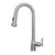 Lead-free solid stainless steel single hole faucet with gooseneck swivel spout, pull-down spray head and solid lever handle