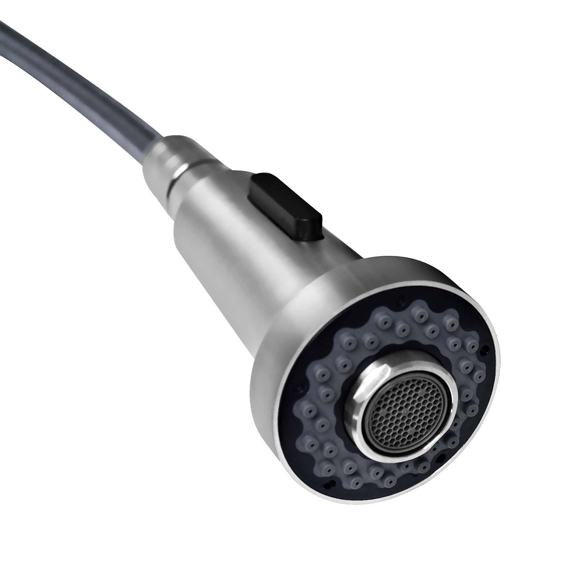 Lead-free solid stainless steel bridge faucet with a gooseneck swivel spout and pull-down spray head