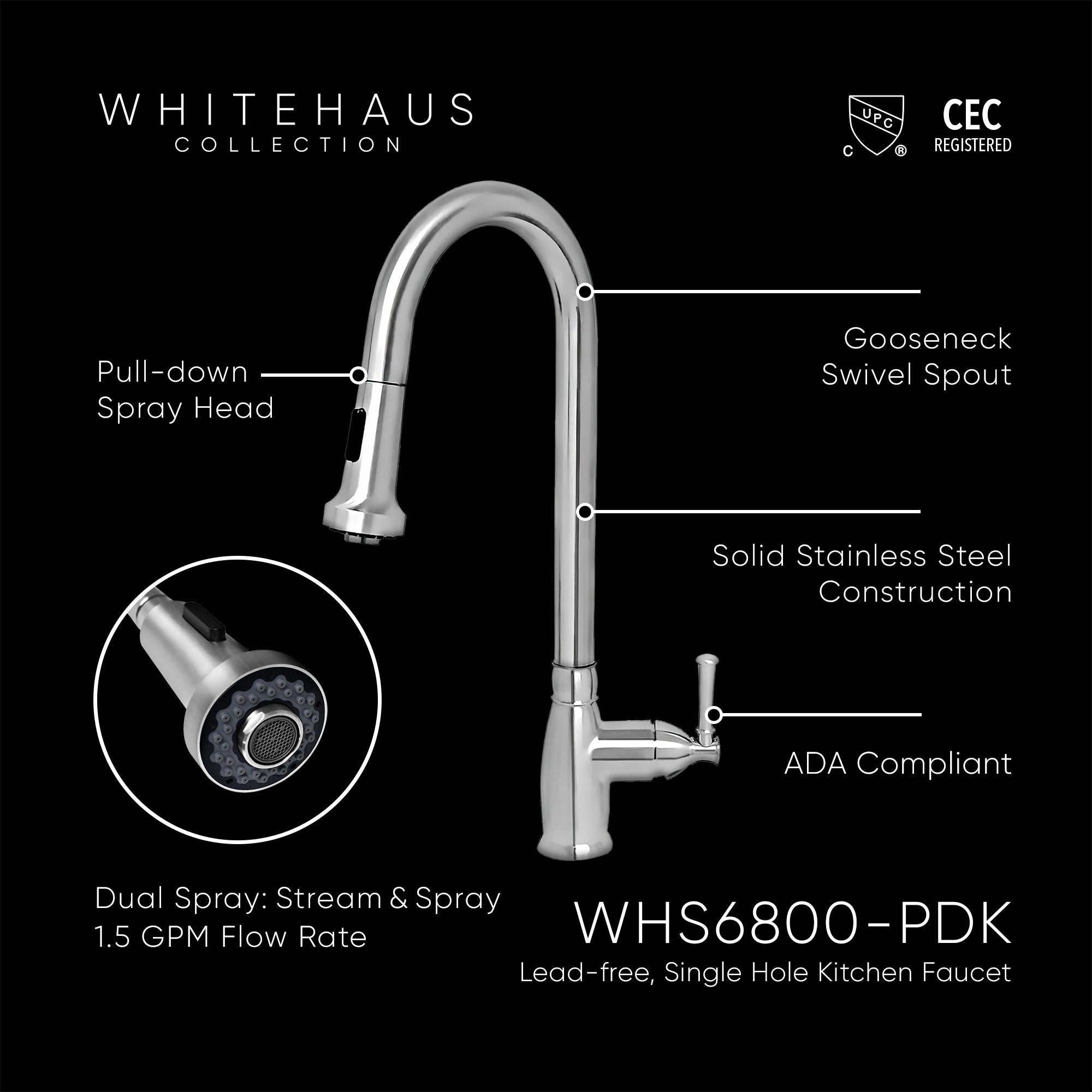 Lead-free solid stainless steel single hole faucet with gooseneck swivel spout, pull-down spray head and solid lever handle