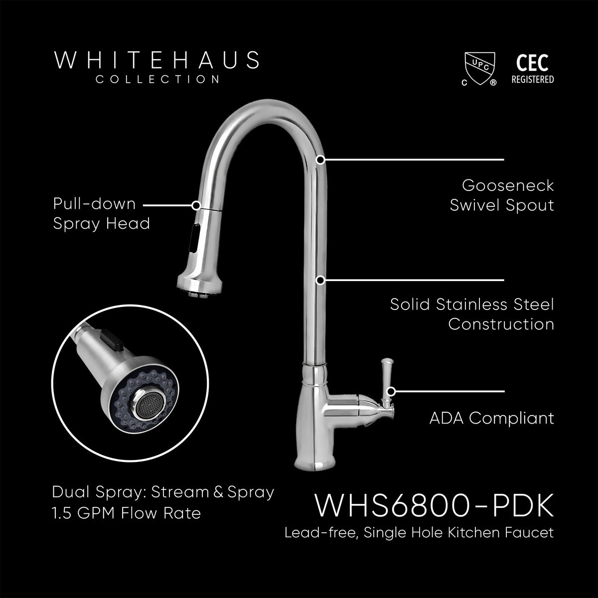 Lead-free solid stainless steel single hole faucet with gooseneck swivel spout, pull-down spray head and solid lever handle