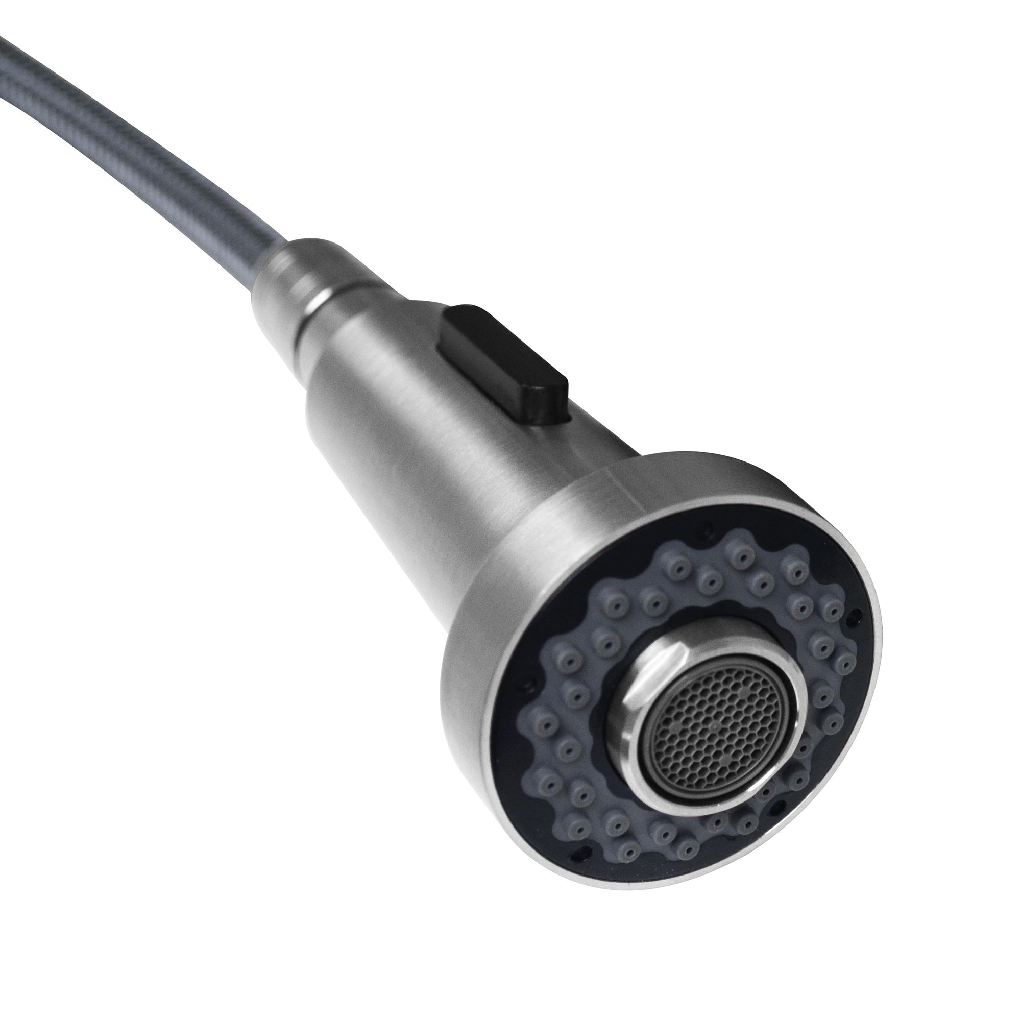 Lead-free solid stainless steel bridge faucet with a gooseneck swivel spout and pull-down spray head