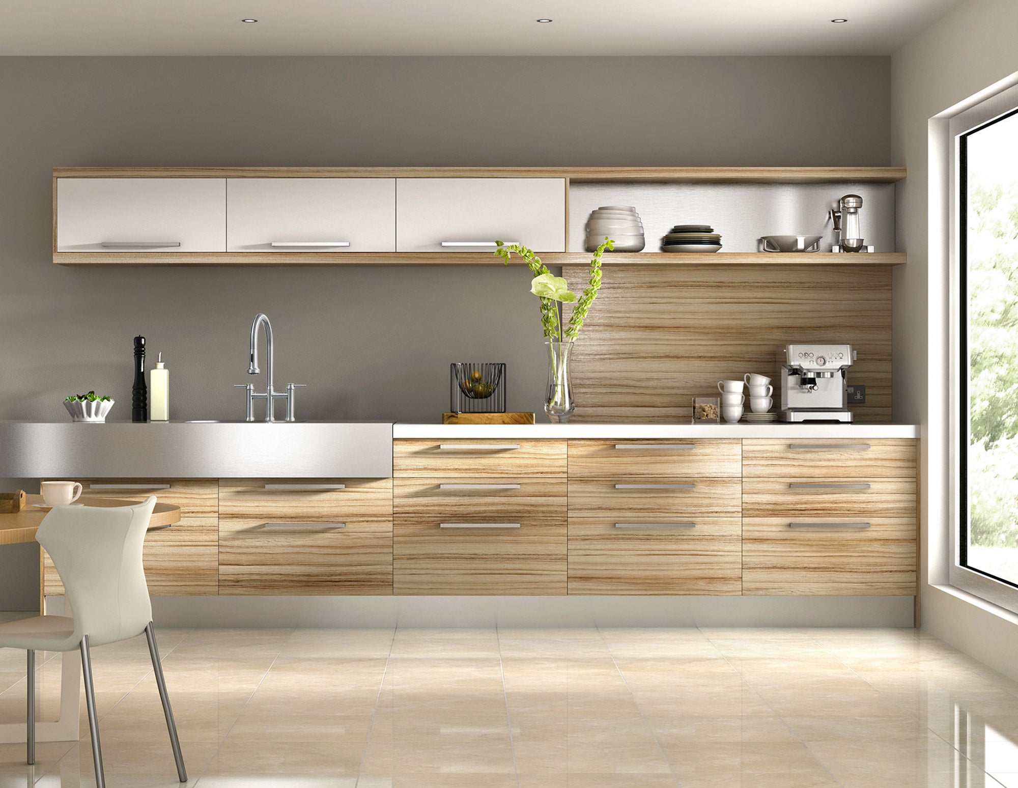 Lead-free solid stainless steel bridge faucet with a gooseneck swivel spout and pull-down spray head