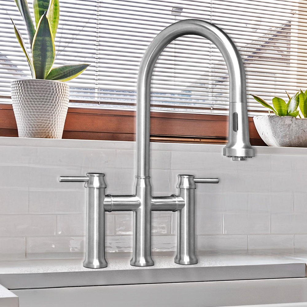 Lead-free solid stainless steel bridge faucet with a