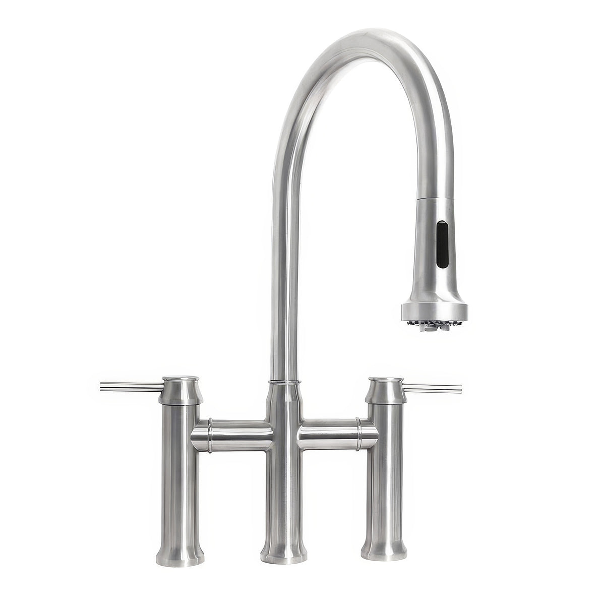 Lead-free solid stainless steel bridge faucet with a gooseneck swivel spout and pull-down spray head
