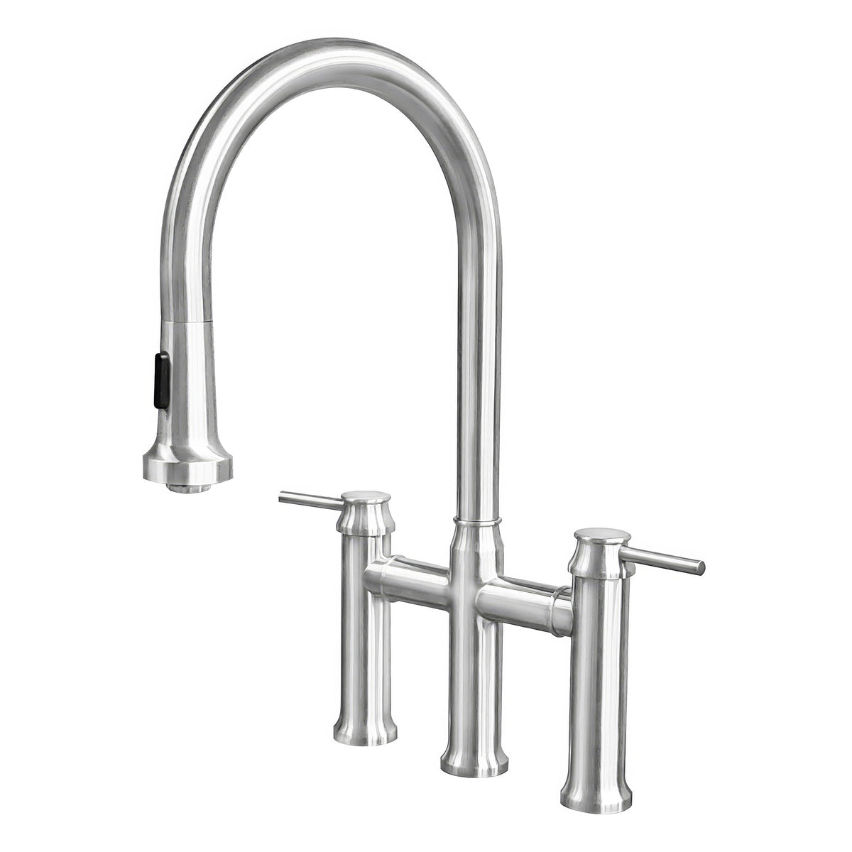 Lead-free solid stainless steel bridge faucet with a gooseneck swivel spout and pull-down spray head