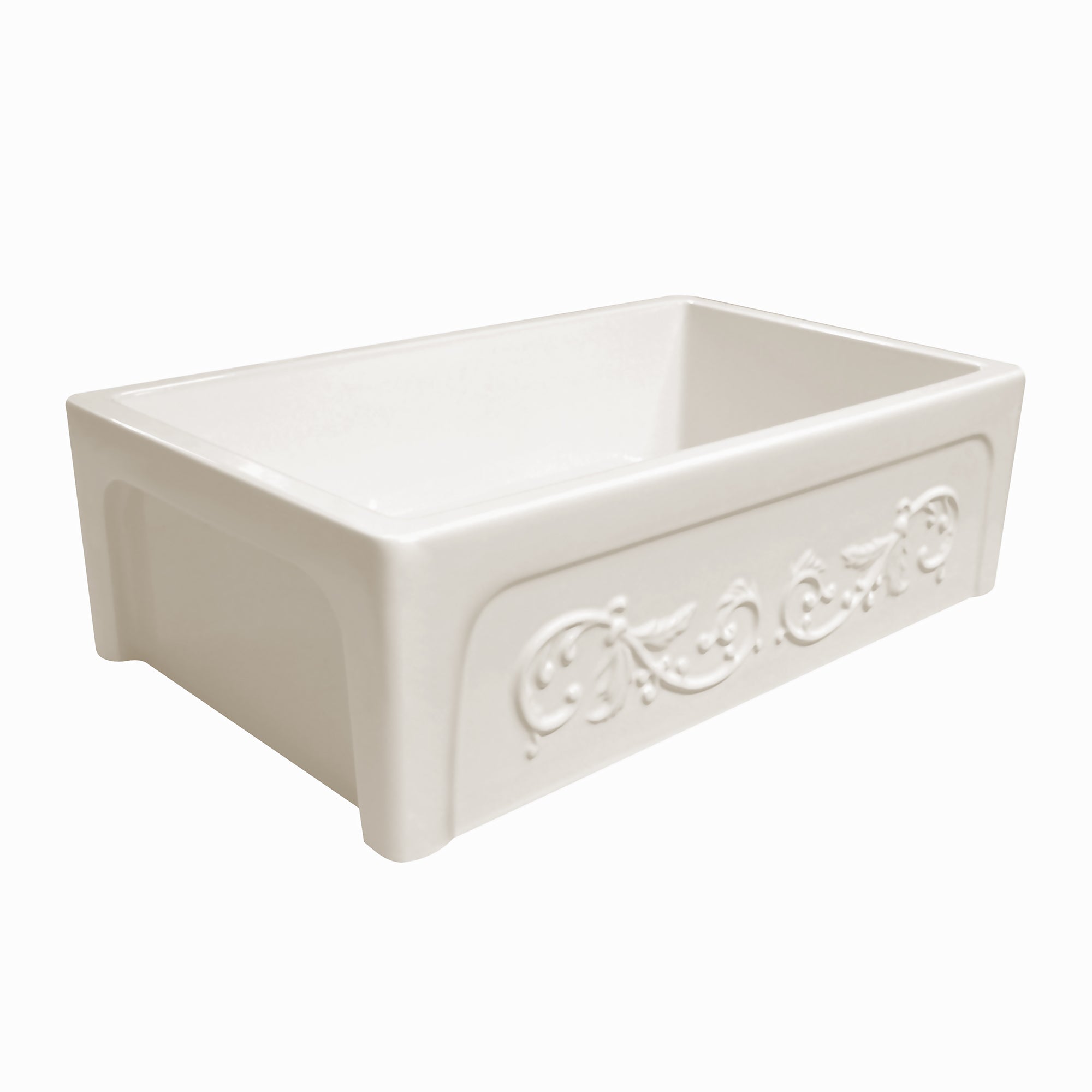33" reversible single bowl fireclay kitchen sink: Roman vine, beveled front apron
