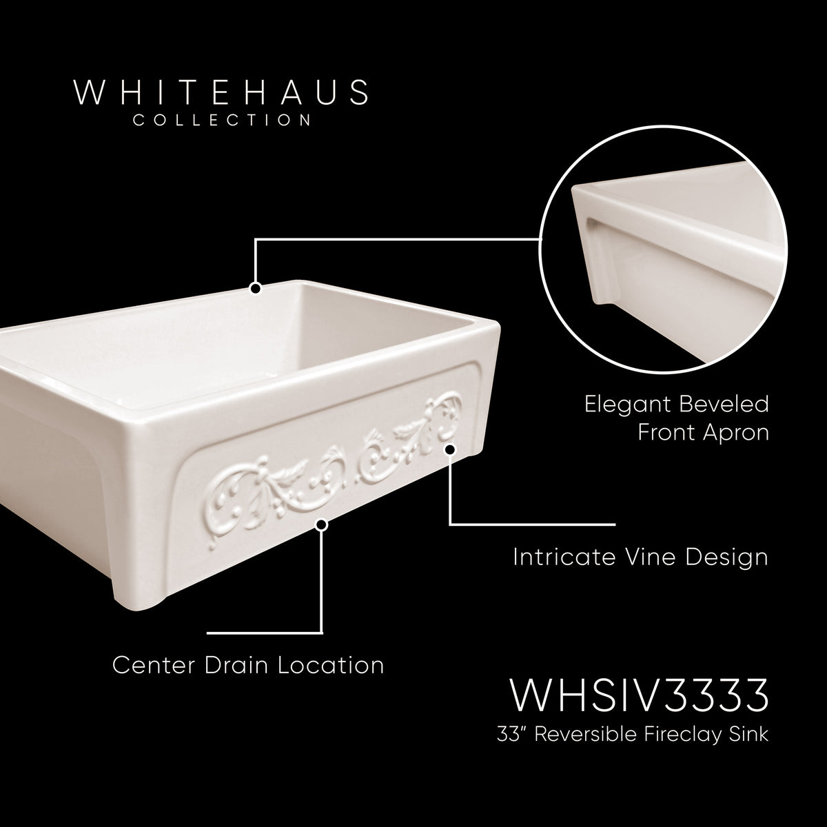33&quot; reversible single bowl fireclay kitchen sink: Roman vine, beveled front apron
