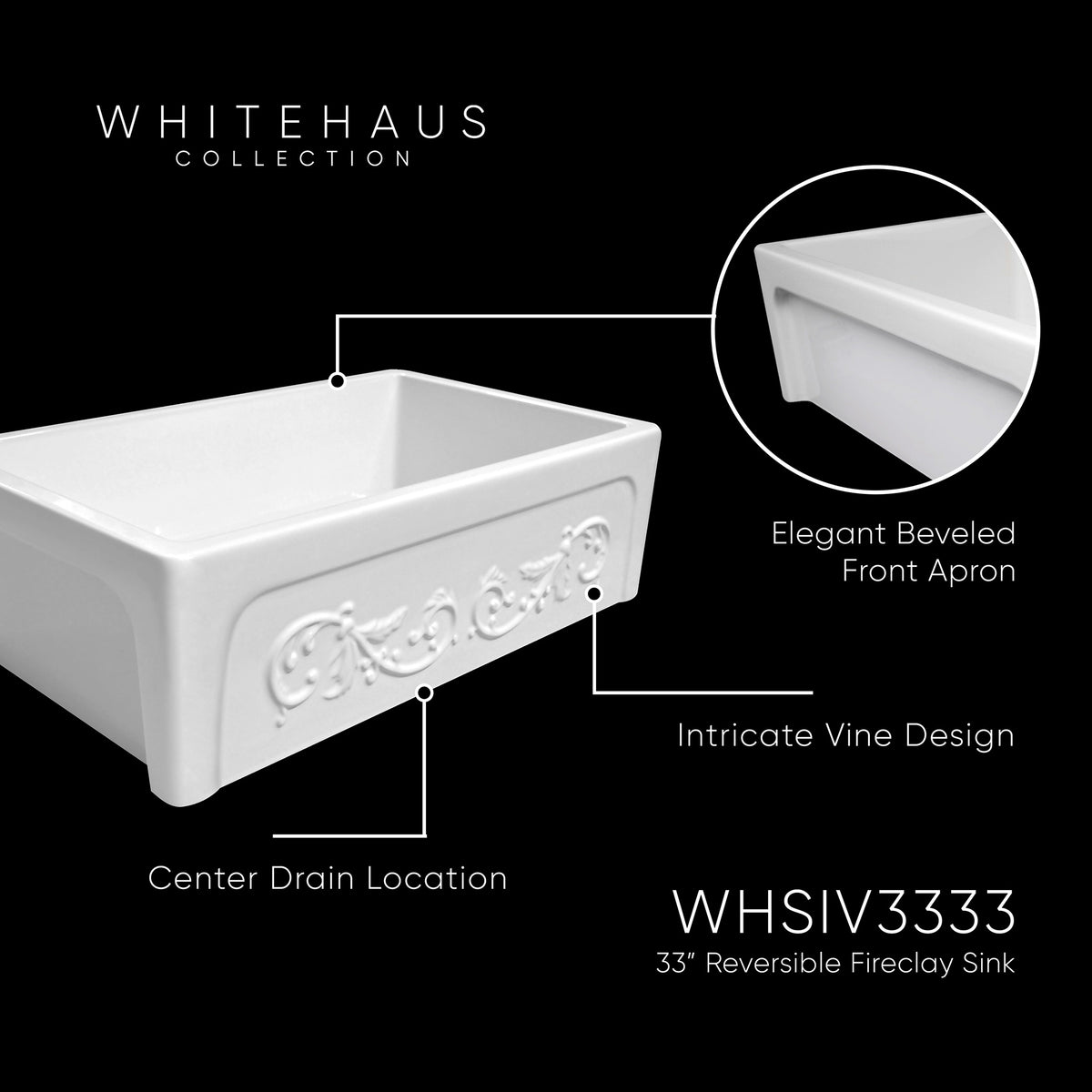 33&quot; reversible single bowl fireclay kitchen sink: Roman vine, beveled front apron