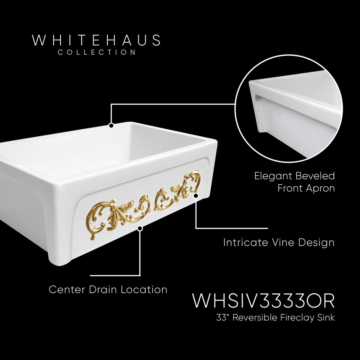 33&quot; reversible single bowl fireclay kitchen sink: Roman vine, beveled front apron